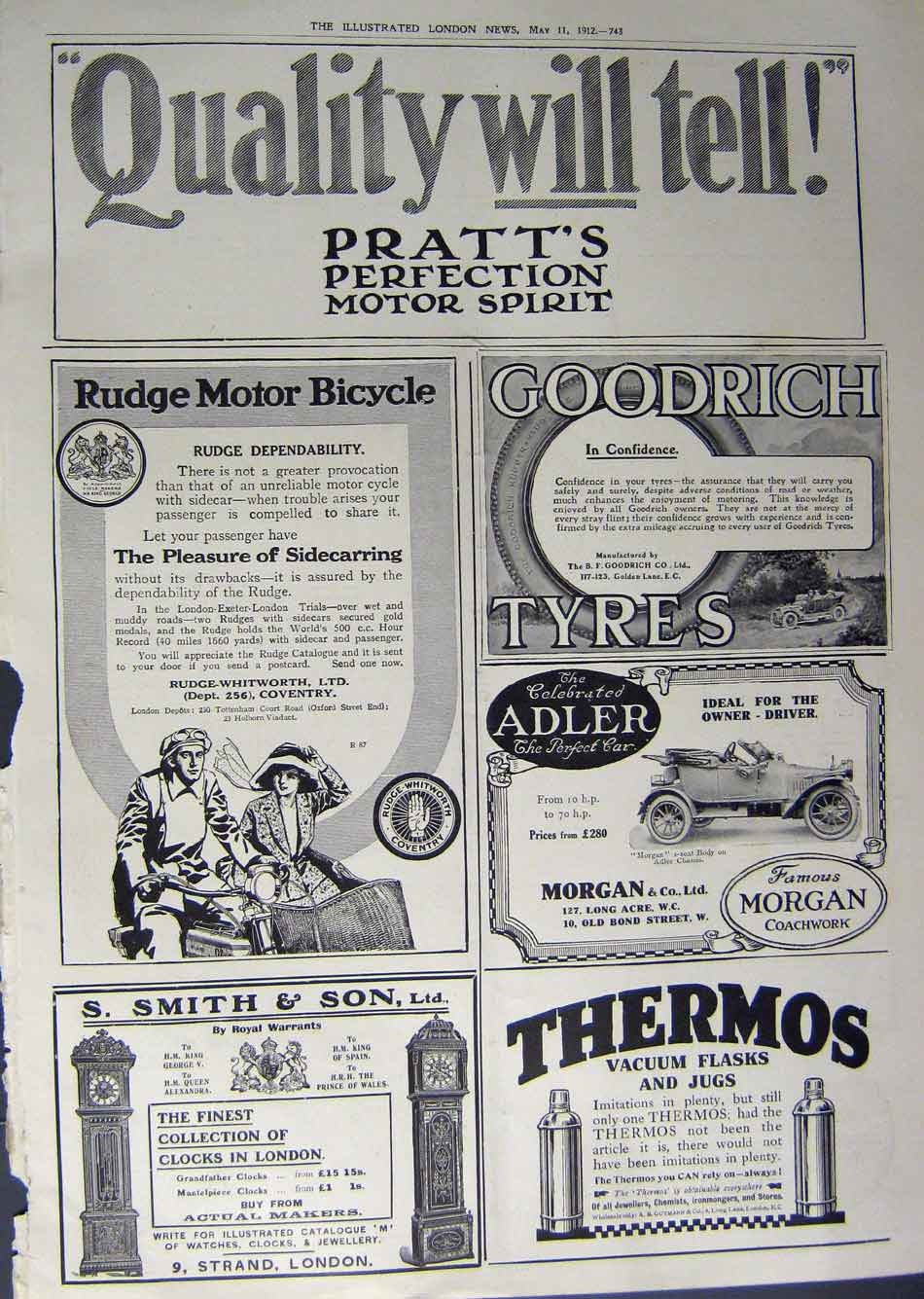 Old Antique Print 1912 Advertisement Beechams Bacon Tyres Thermos Adler 20th