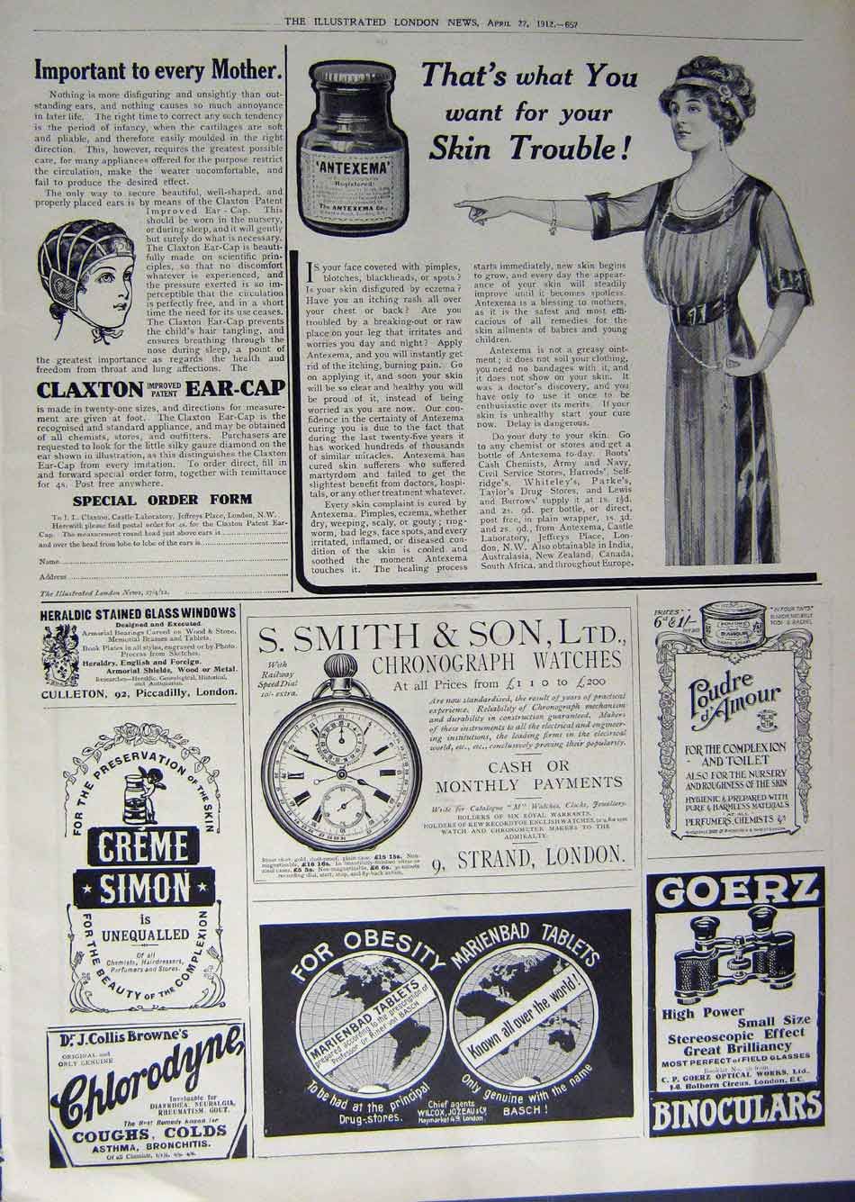 Old Antique Print 1912 Advertisement N.E.C Car Talbot Binoculars Watches 20th