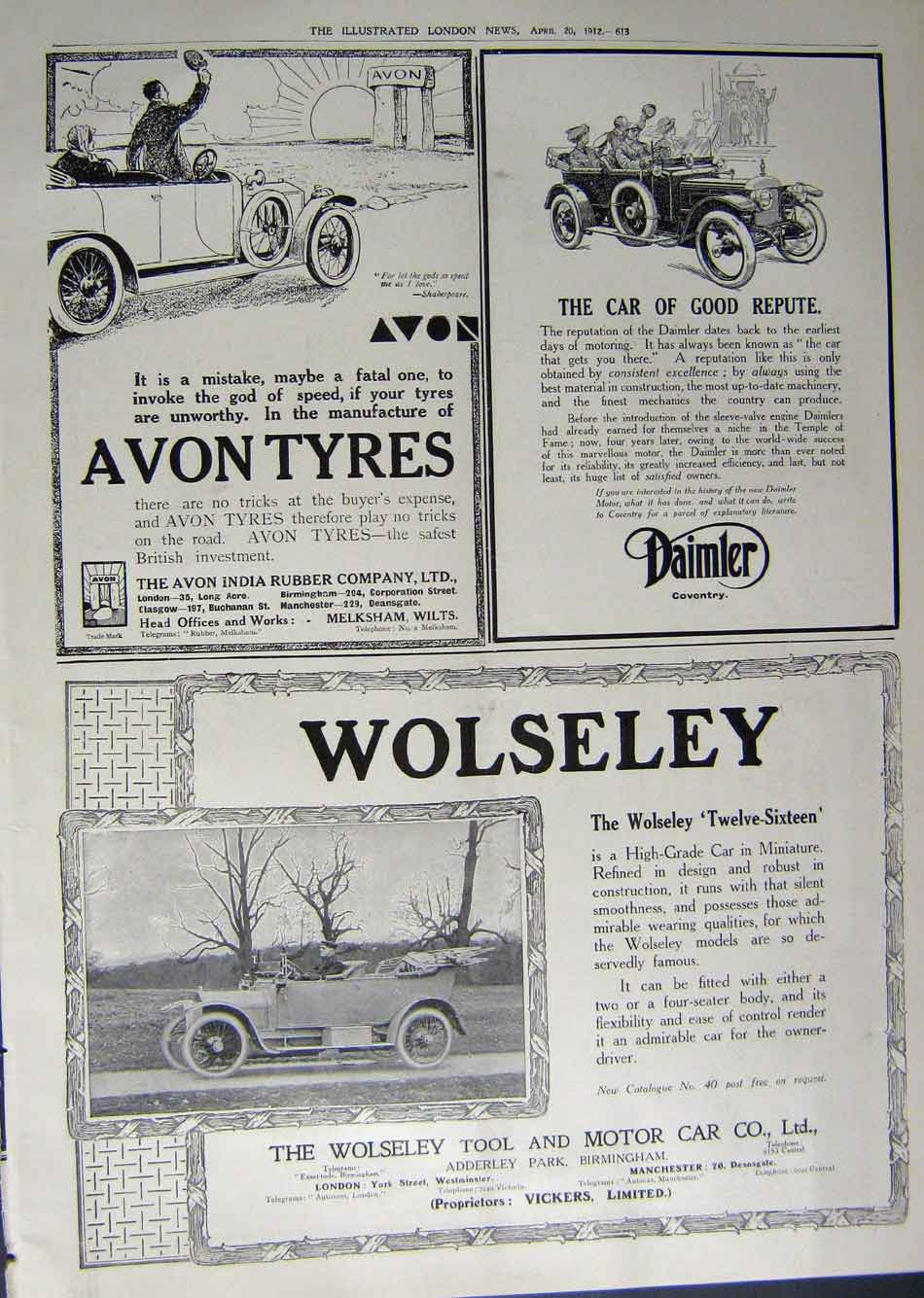 Original Old Antique Print 1912 Advertisement Continental Tyres Avon Wolseley