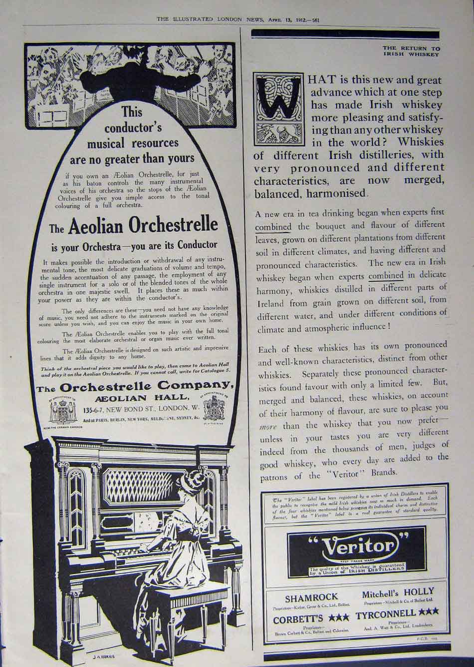 Original Old Antique Print 1912 Advertisement Binoculars Whisky Veritor Piano