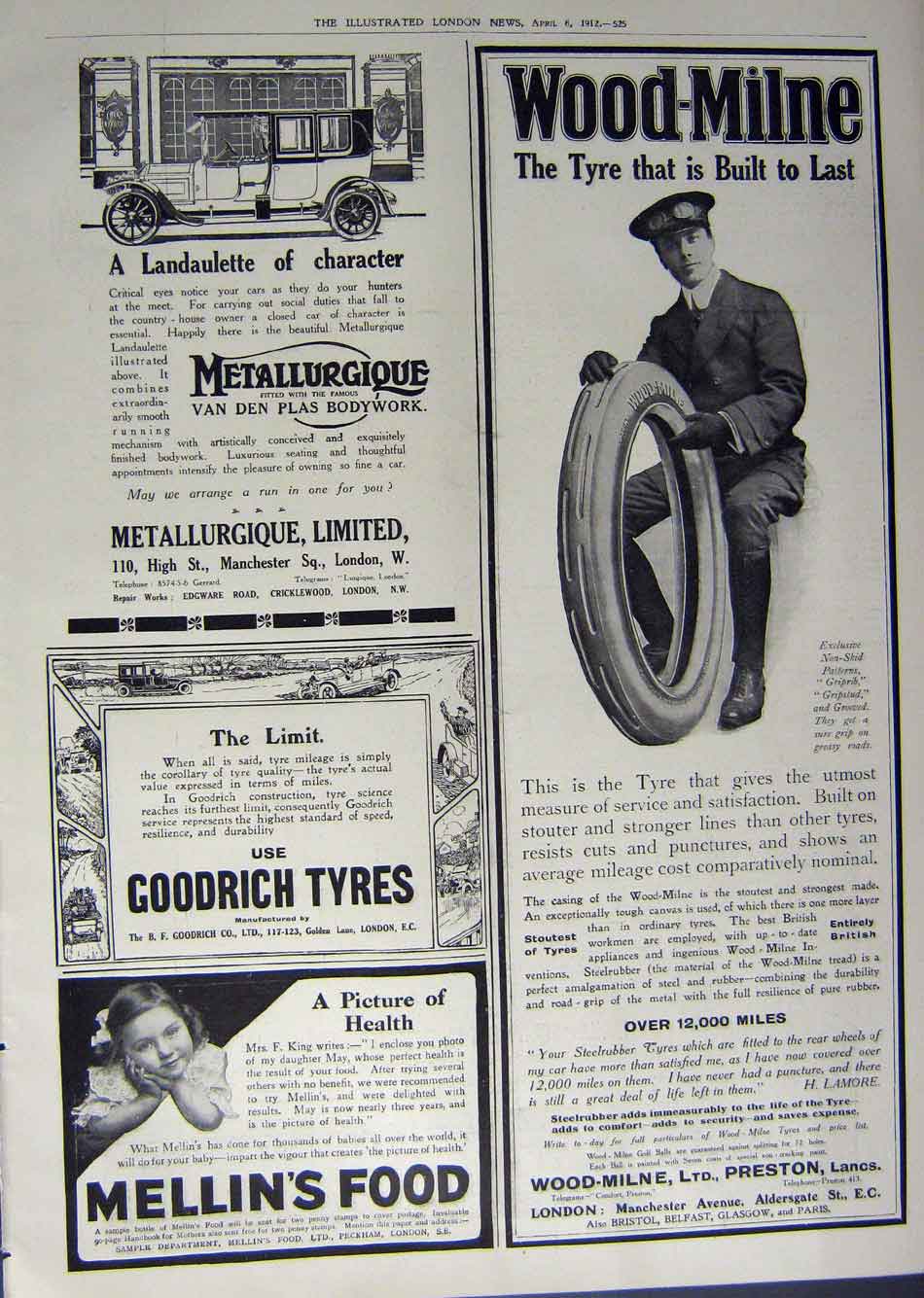 Old Antique Print 1912 Advertisement Dunlop Tyres Mellin'S Metallurgique 20th