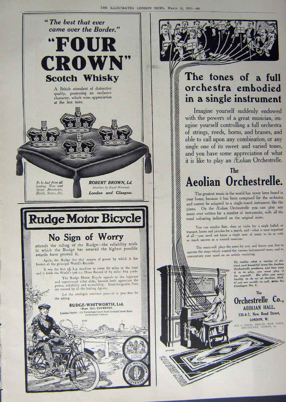 Old Antique Print 1912 Advertisement Whisky Orchestrelle Motor Bicycles 20th