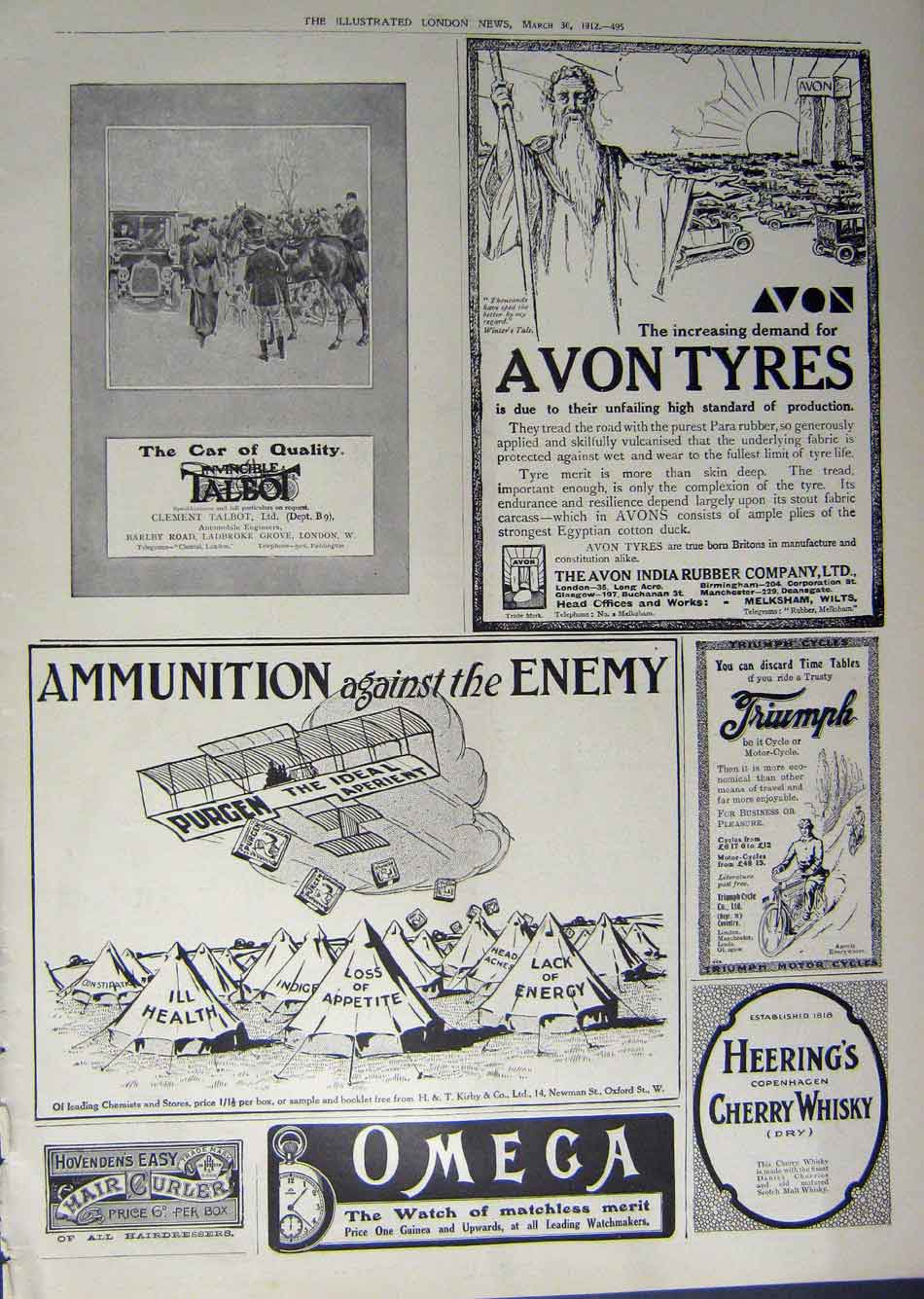 Old Antique Print 1912 Advertisement Car Tyres Sunbeam Dynamo Avon Omega 20th