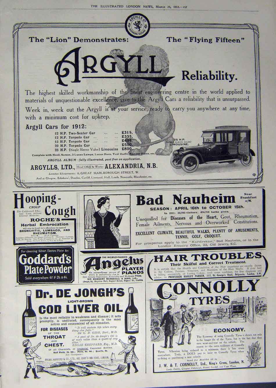 Original Old Antique Print 1912 Advertisement Goodrich Tyres Whisky Argyll Car