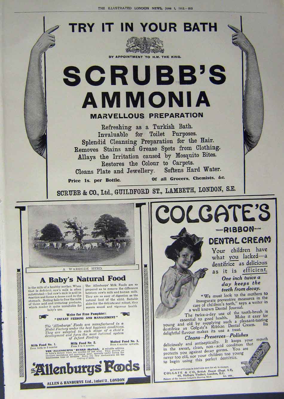 Antique Old Print 1912 Advertisement Lotus Boot Polish Allenburys Colgate 20th