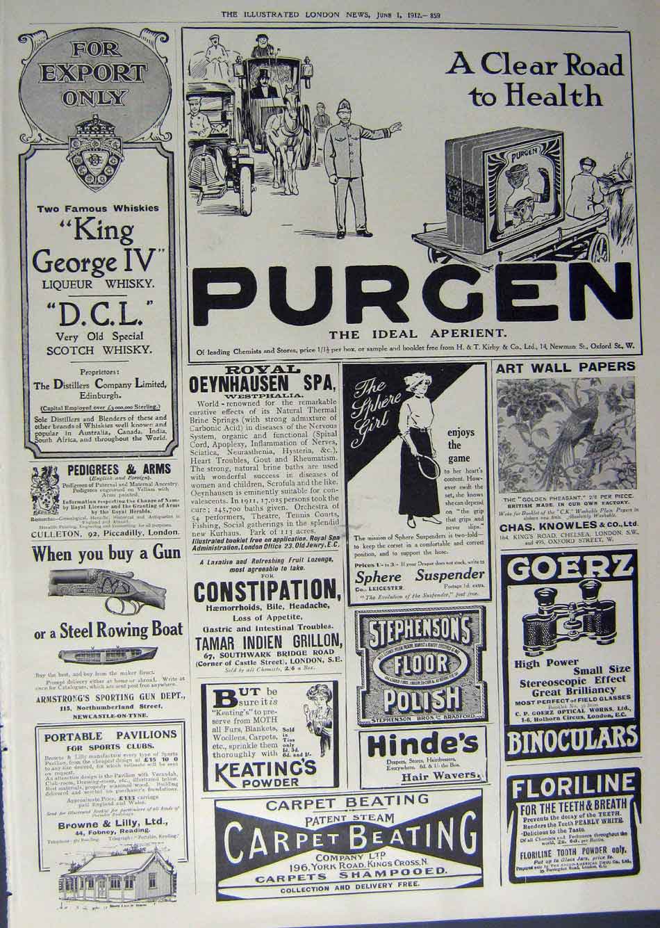 Old Antique Print 1912 Advertisement Dunlop Tyres Car Purgen Binoculars 20th