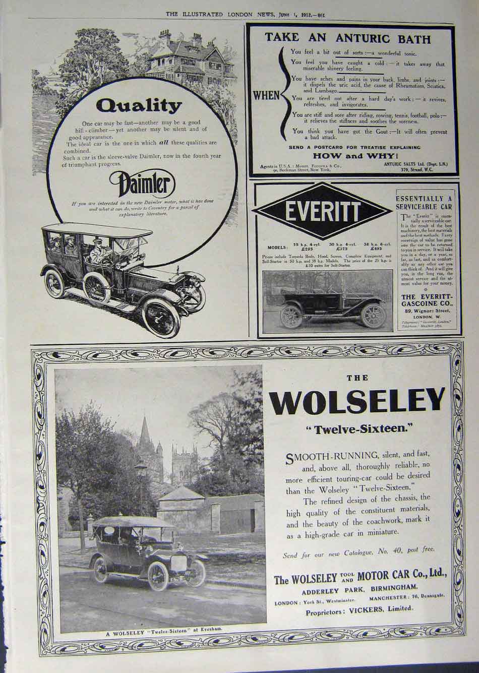 Old Antique Print 1912 Advertisement Tyres Daimler Wolseley Everitt Car 20th