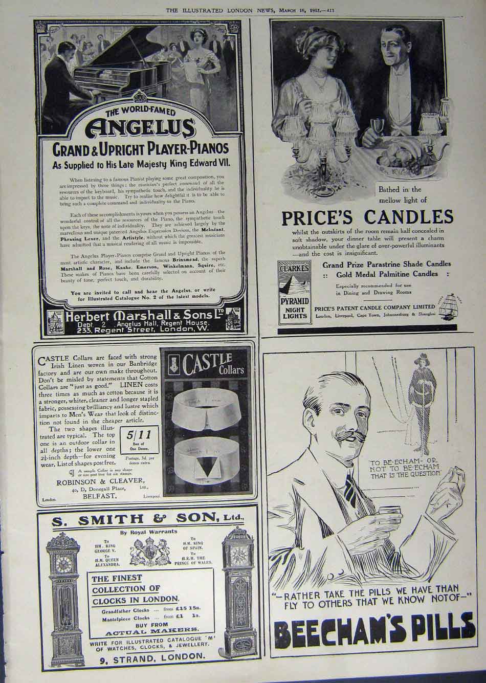 Old Antique Print 1912 Advertisement Pears Soap Beechams Piano Candles 20th