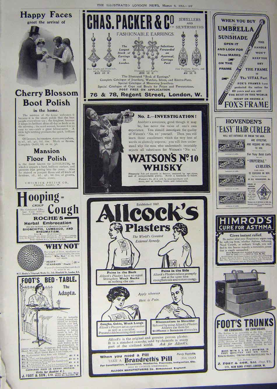 Old Antique Print 1912 Advertisement Whisky Allcock'S Plaster Car Coats 20th