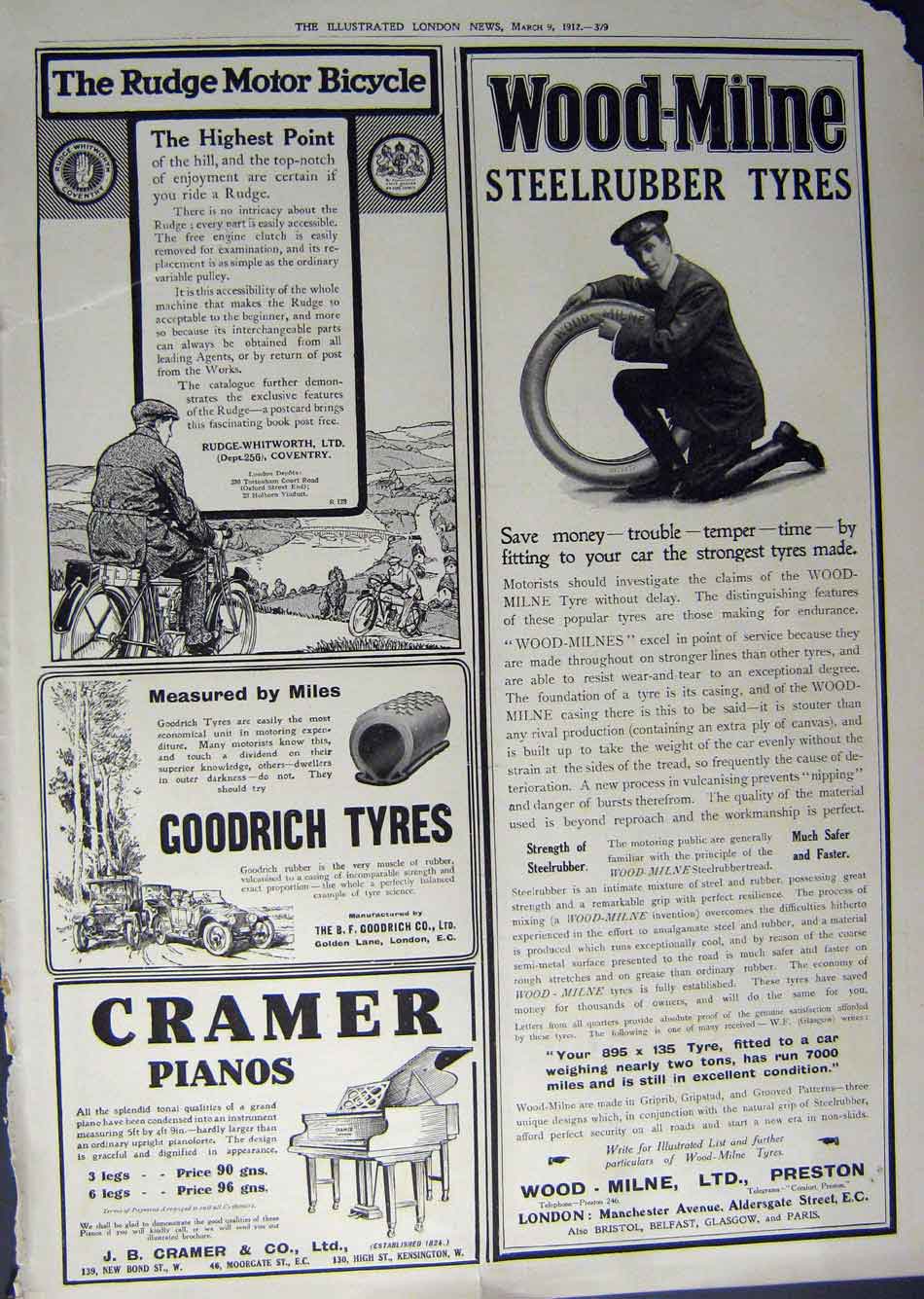 Old Antique Print 1912 Advertisement Dunlop Tyres Goodrich Piano Bicycle 20th