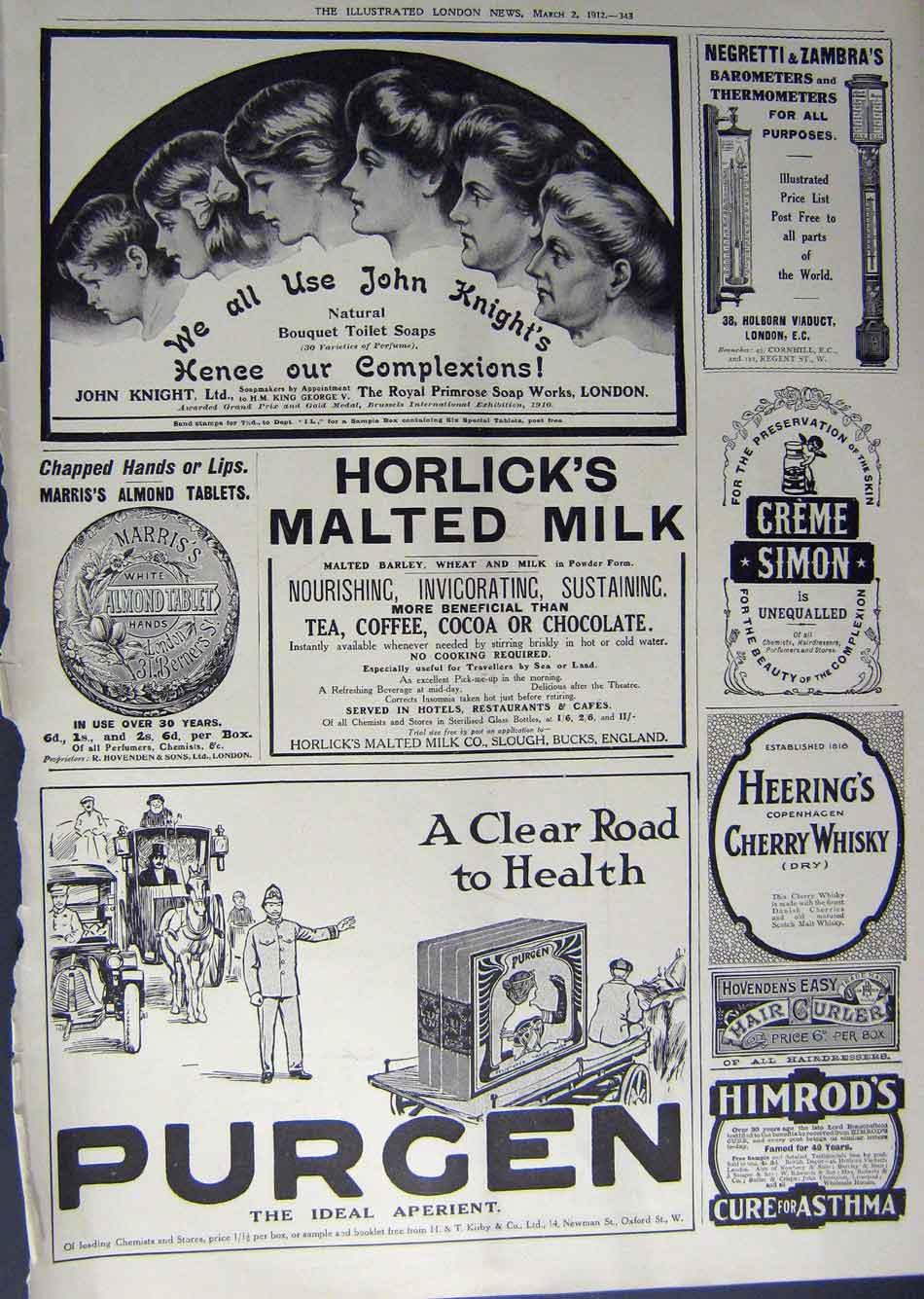 Antique Old Print 1912 Advertisement Morgan Car Tyres N.E.C Horlicks Milk 20th