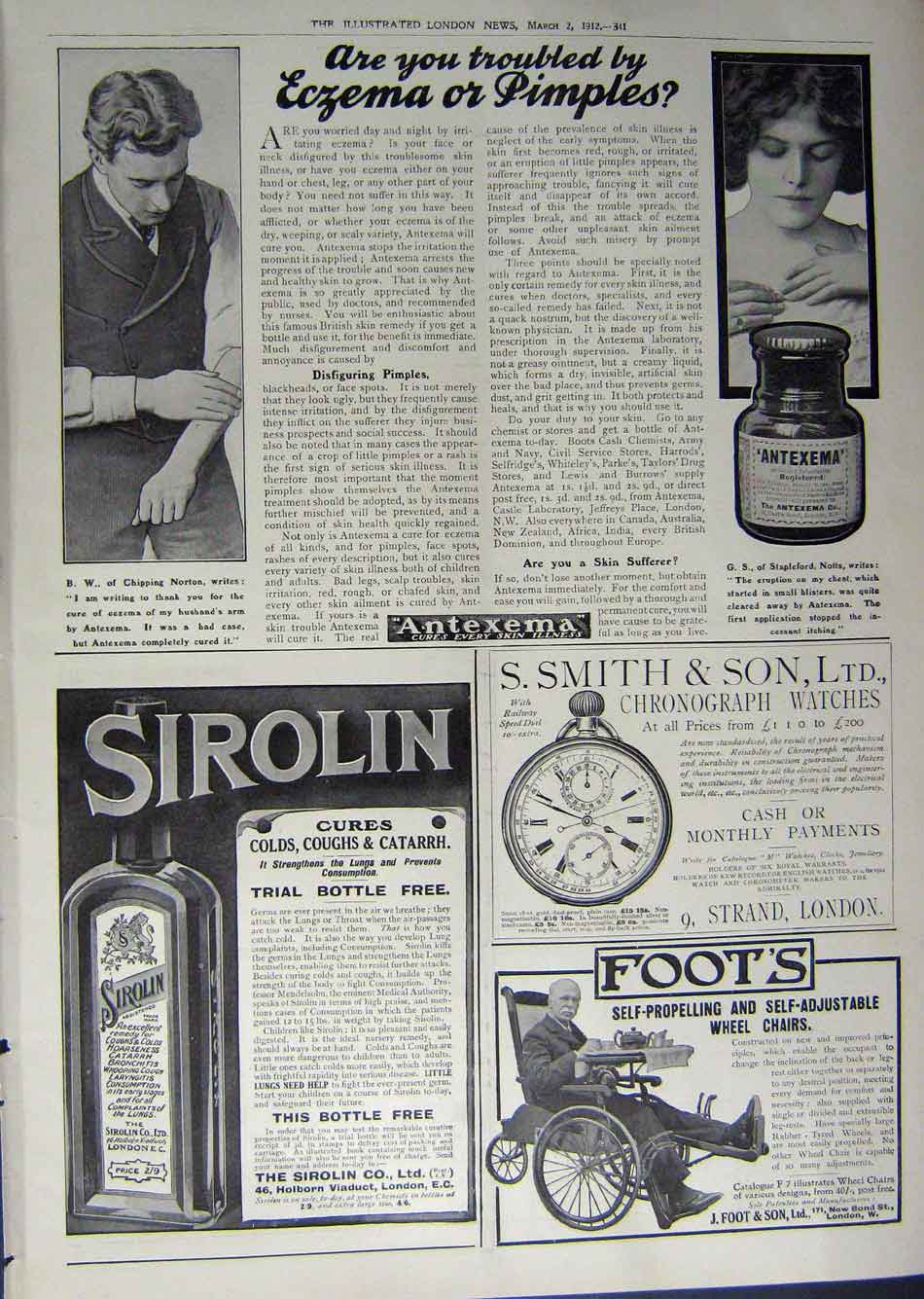 Old Antique Print 1912 Advertisement Tyres Car Antexema Sirolin Watches 20th