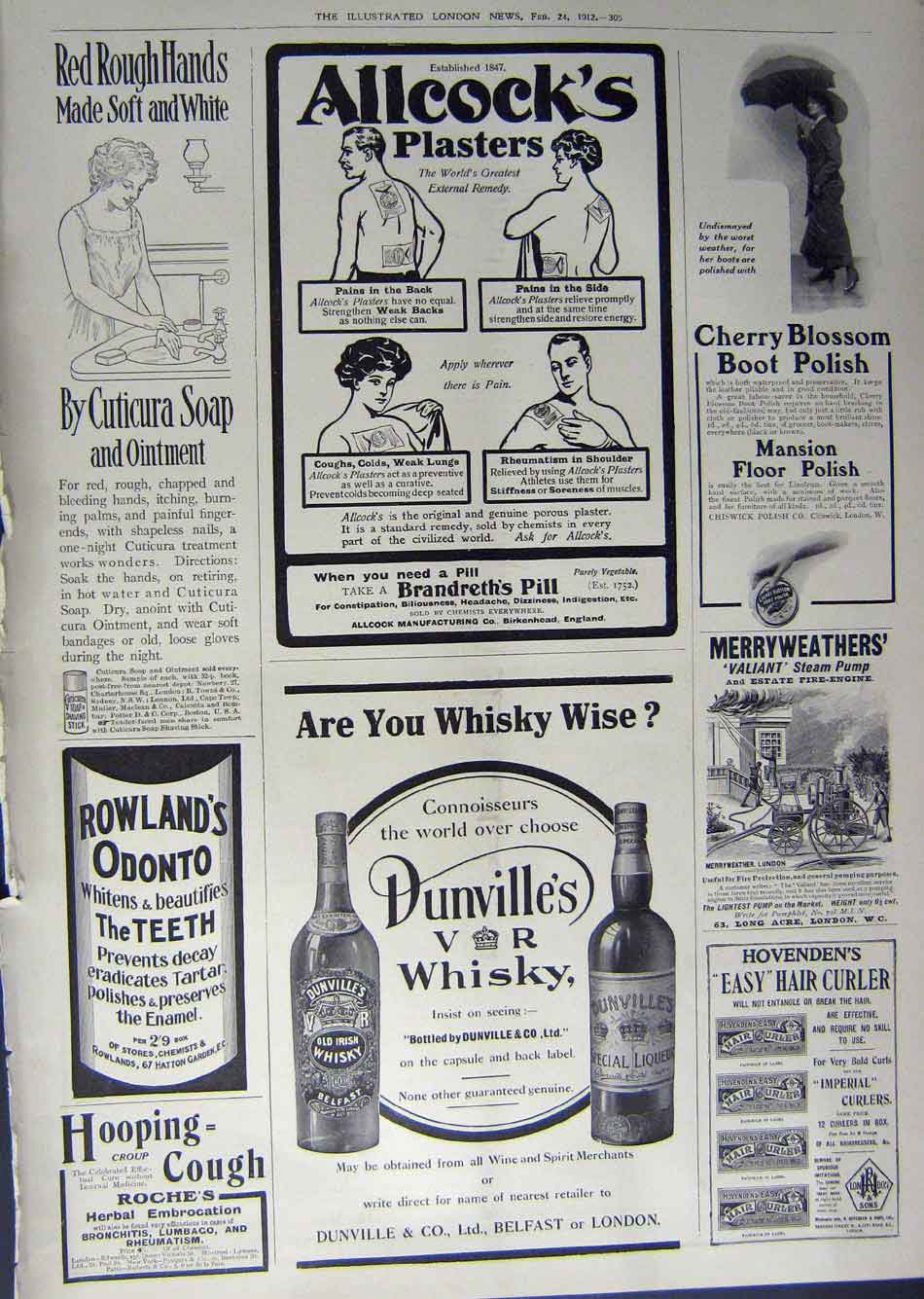 Antique Old Print 1912 Advertisement Dunlop Tyres Whisky Allcocks Plaster 20th
