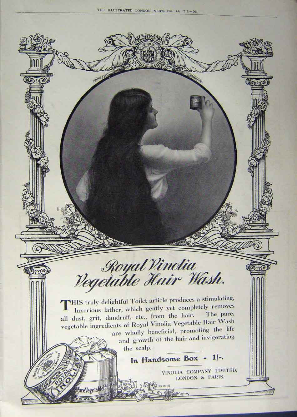 Old Antique Print 1912 Advertisement Sirolin Medicine Royal Vinolia Hair 20th