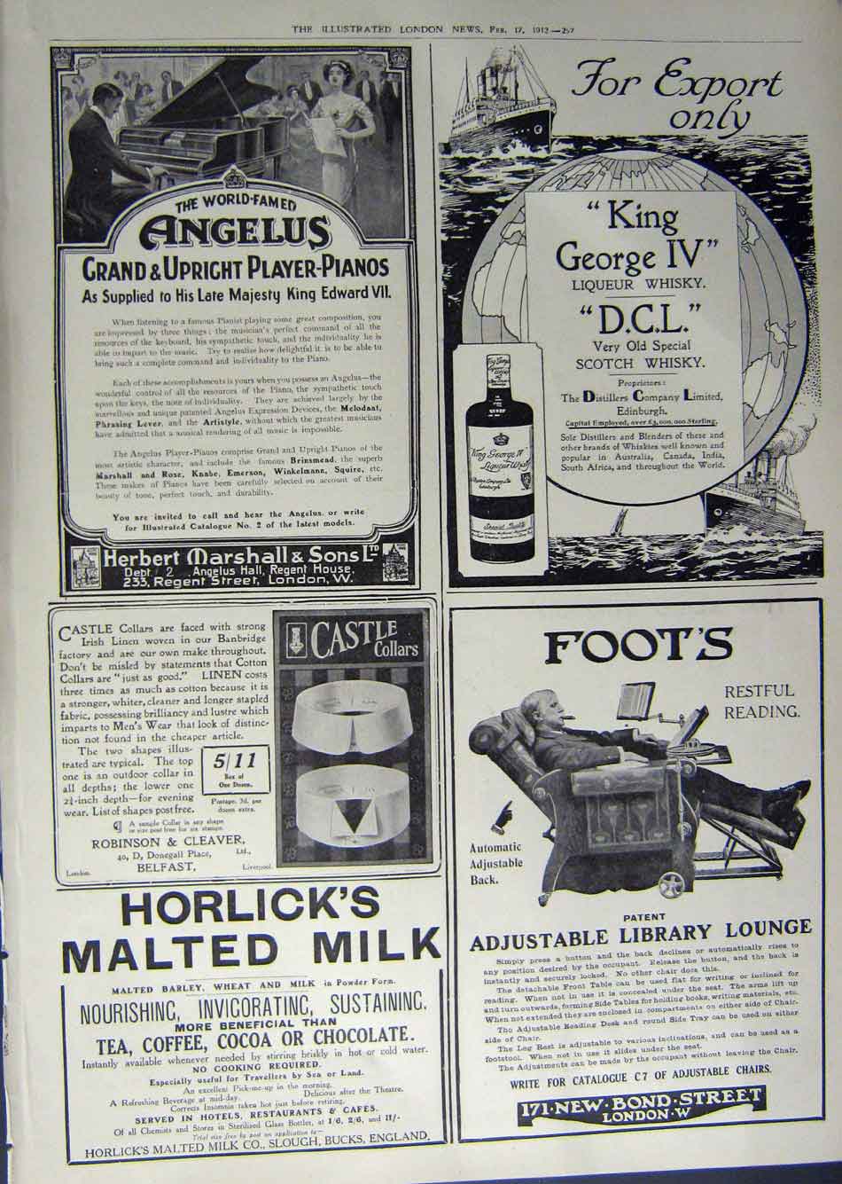 Old Antique Print 1912 Advertisement Diamonds Hair Oil Horlick'S Whisky 20th