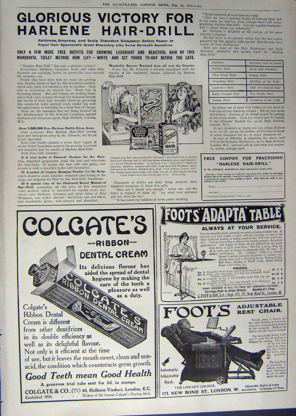 Original Old Antique Print 1912 Advertisement London Bank Colgate Harlene Foot