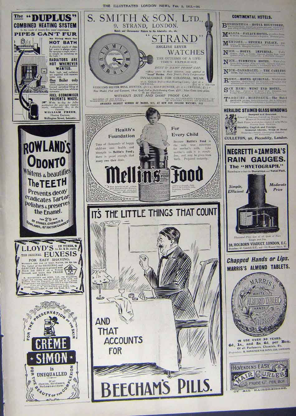 Old Antique Print 1912 Advertisement Car Tyres Beechams Mellins Watches 20th