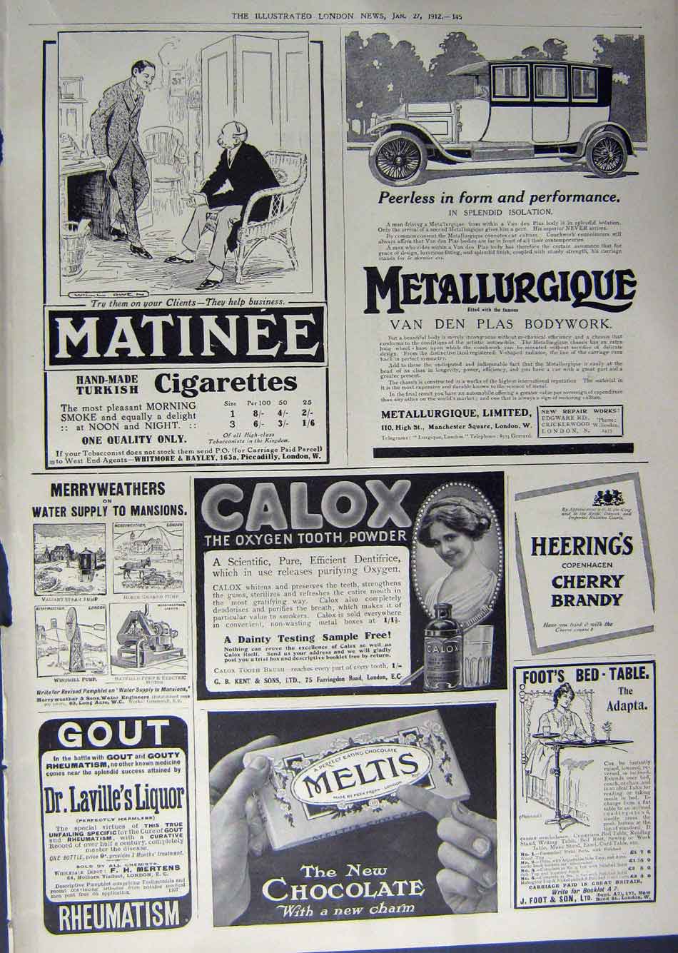 Antique Old Print 1912 Advertisement Car Tyres Cigarettes Chocolate Calox 20th