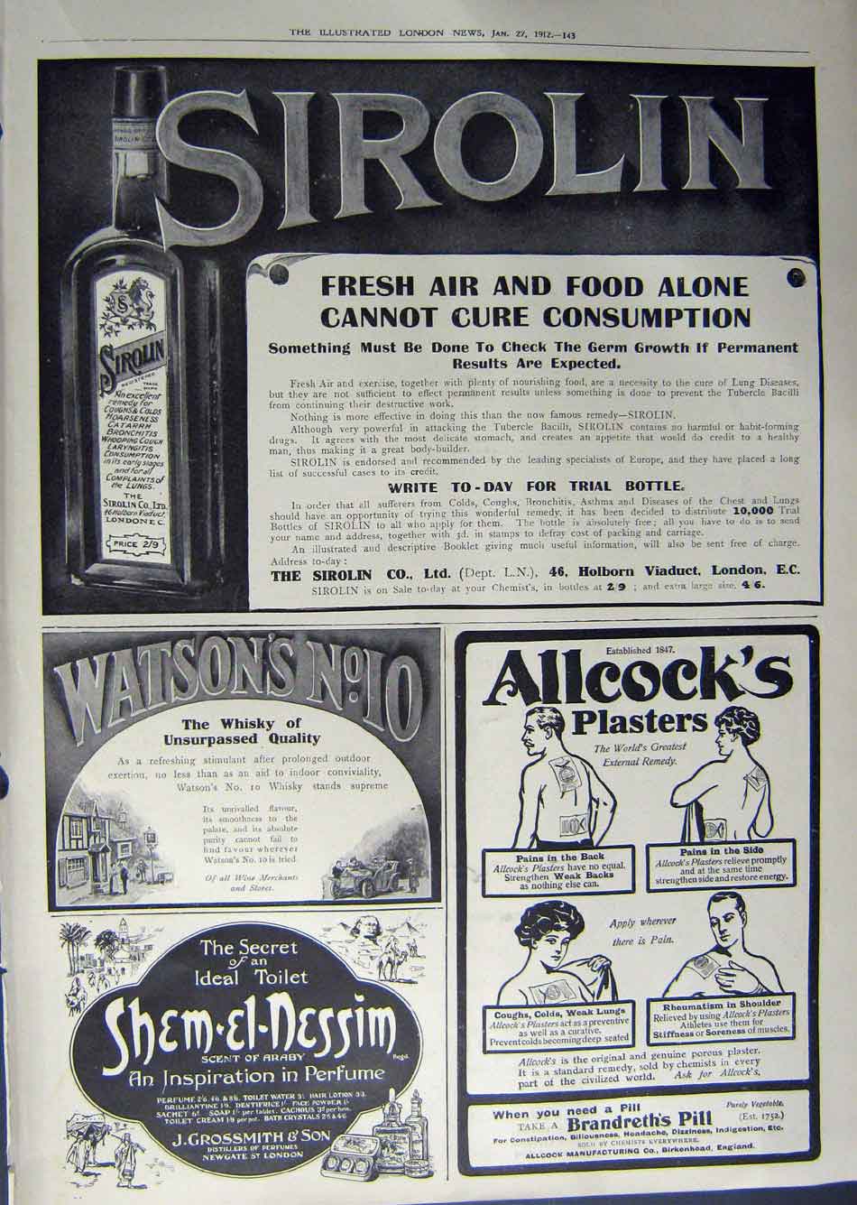 Antique Old Print 1912 Advertisement Dunlop Car Tyres Sirolin Whisky Pill 20th