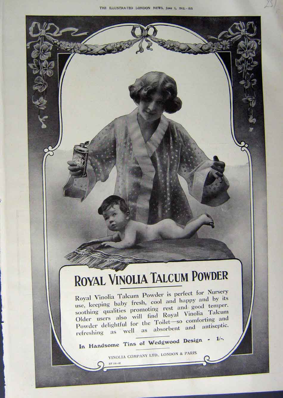 Original Old Antique Print 1912 Advertisement Royal Vinolia Talcum Powder Baby