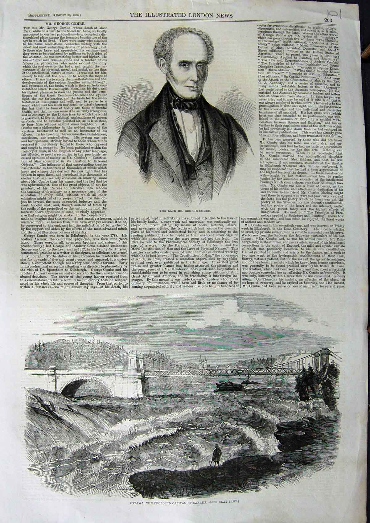 Original Old Antique Print 1858 George Combe Ottawa Canada River Bridge 19th