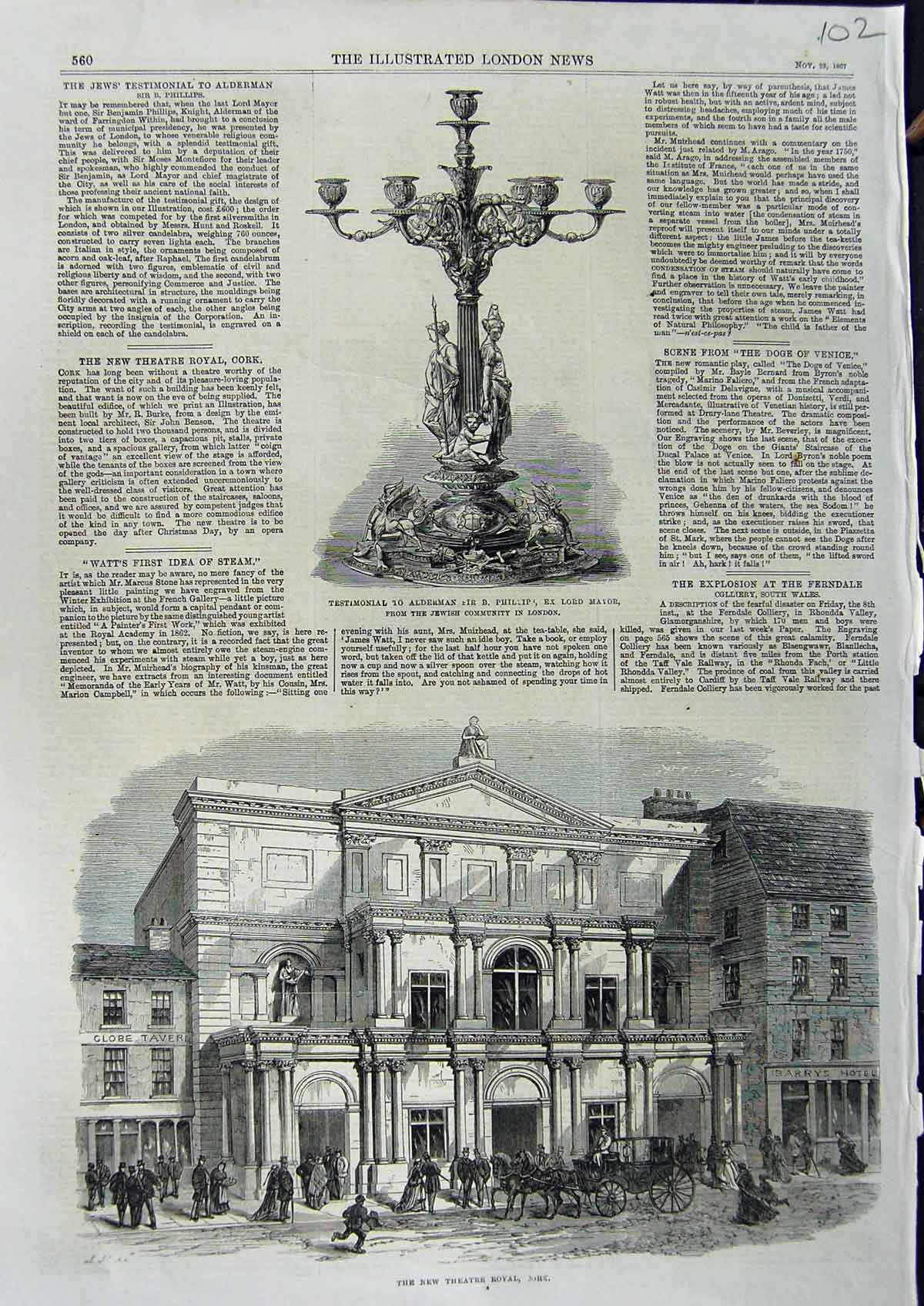 Original Old Antique Print 1867 Theatre Royal Cork Testimonial Alderman Jewish