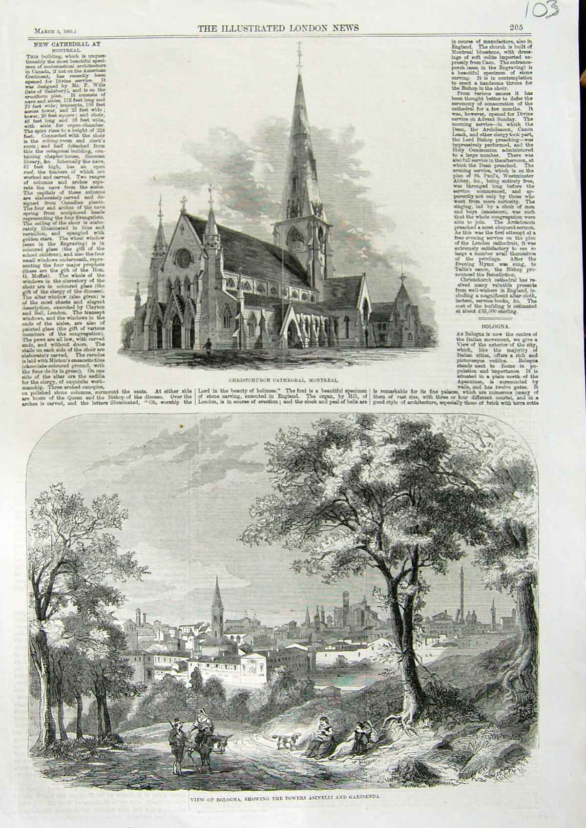 Old Antique Print 1860 Christchurch Cathedral Montreal Bologna Asinelli 19th