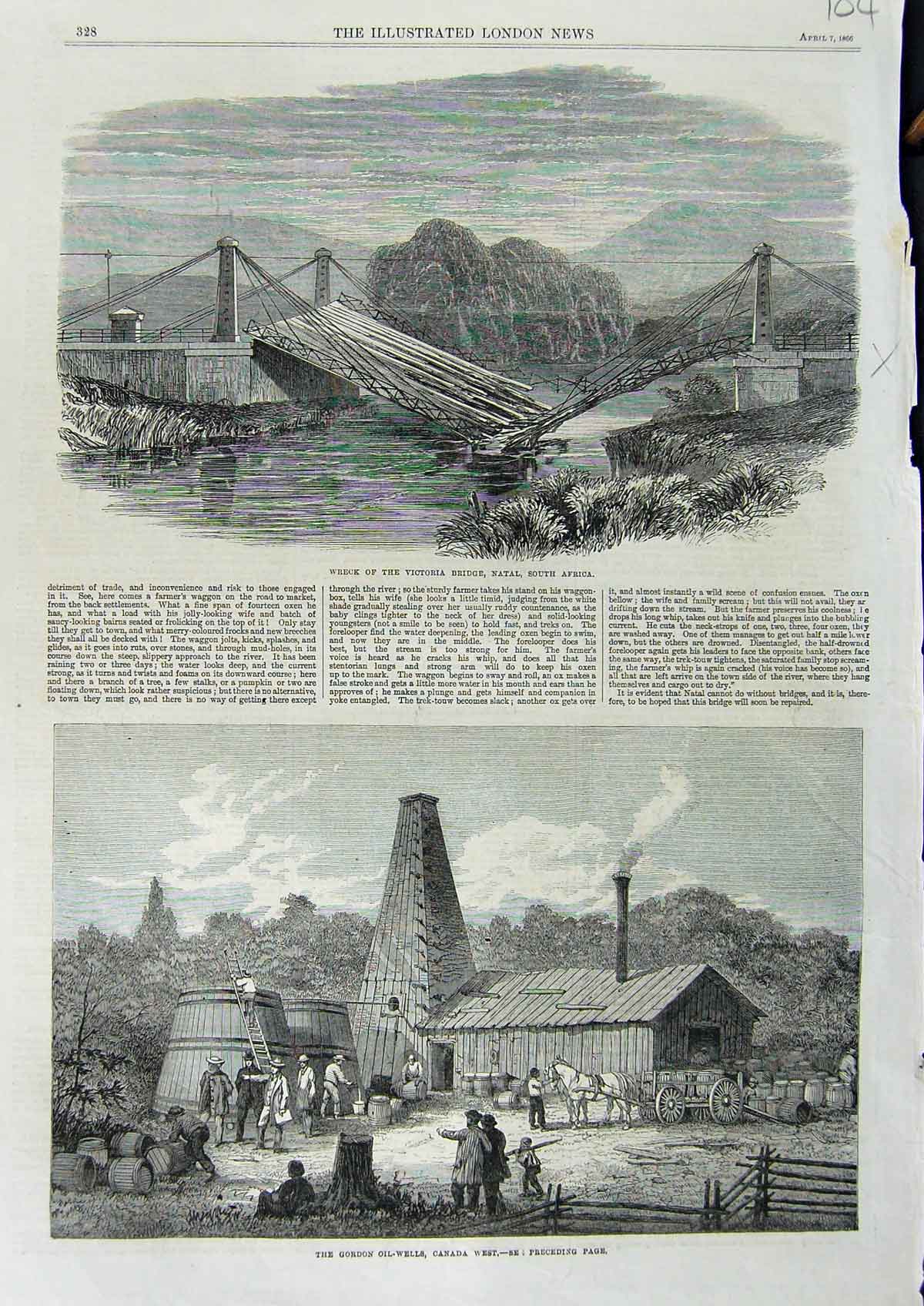 Original Old Antique Print 1866 Victoria Bridge Natal Africa Gordon Oil Wells