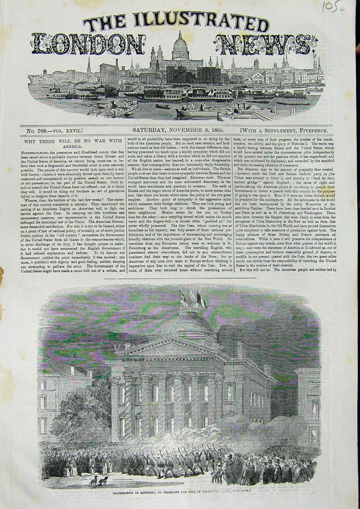 Original Old Antique Print 1855 Illumination Montreal Celebrate Fall Sebastopol