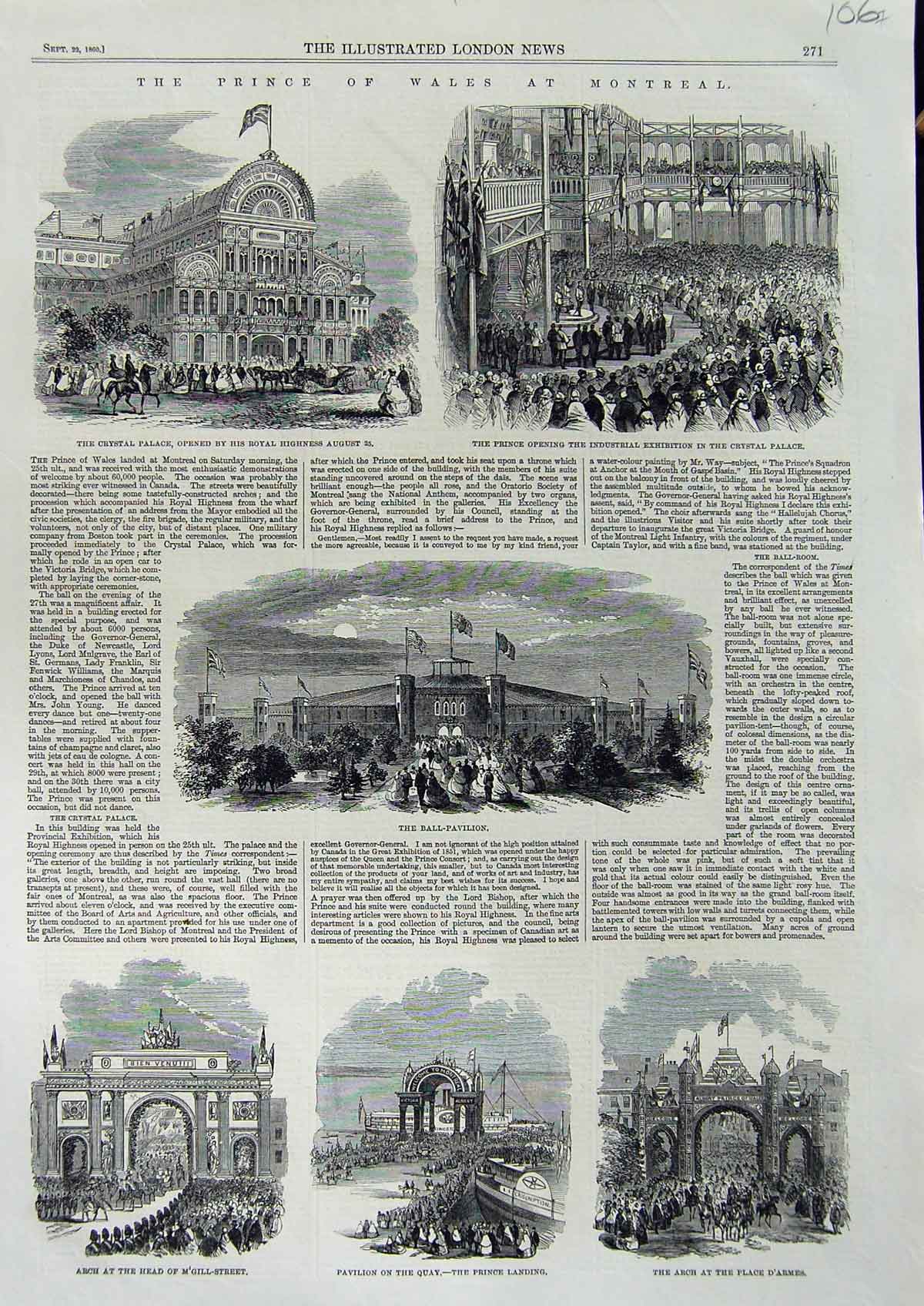 Old Antique Print 1860 Prince Wales Montreal Ball Pavilion Crystal Palace 19th