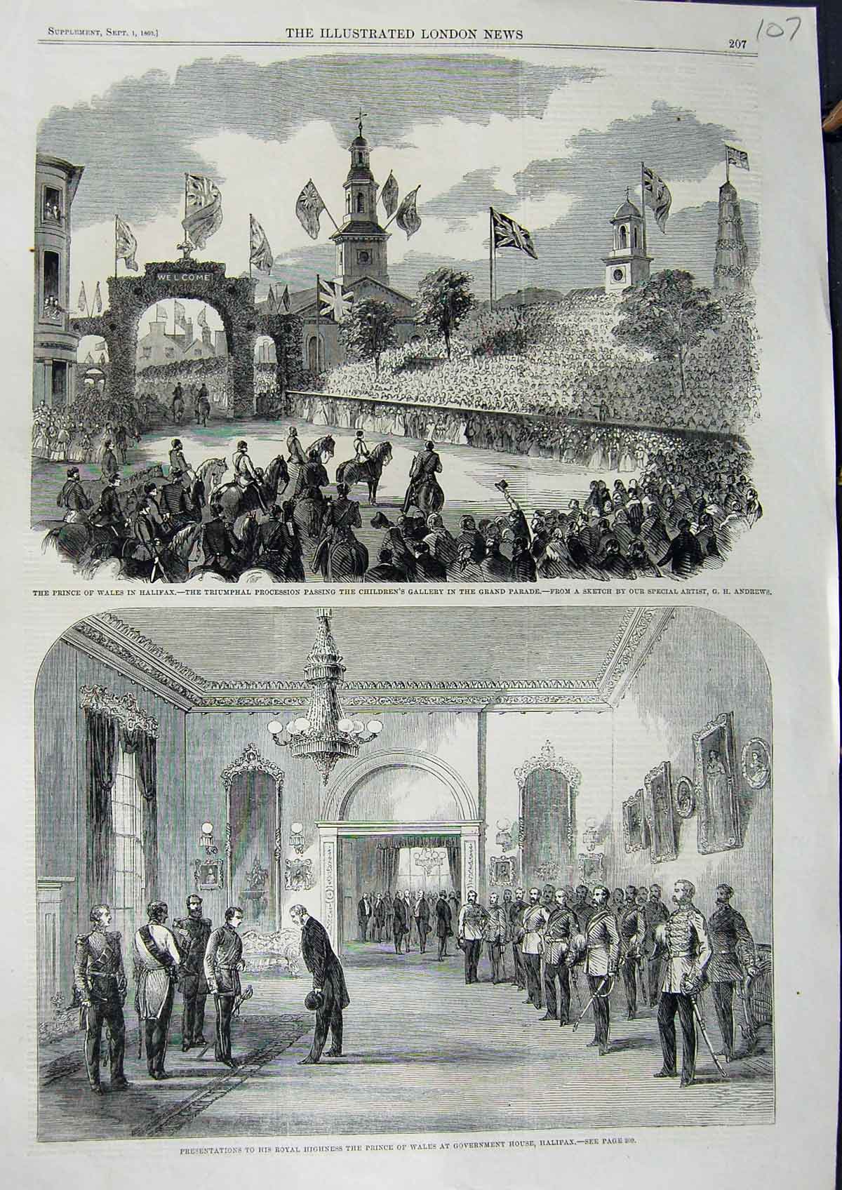 Original Old Antique Print 1860 Prince Wales Halifax Children'S Gallery Parade