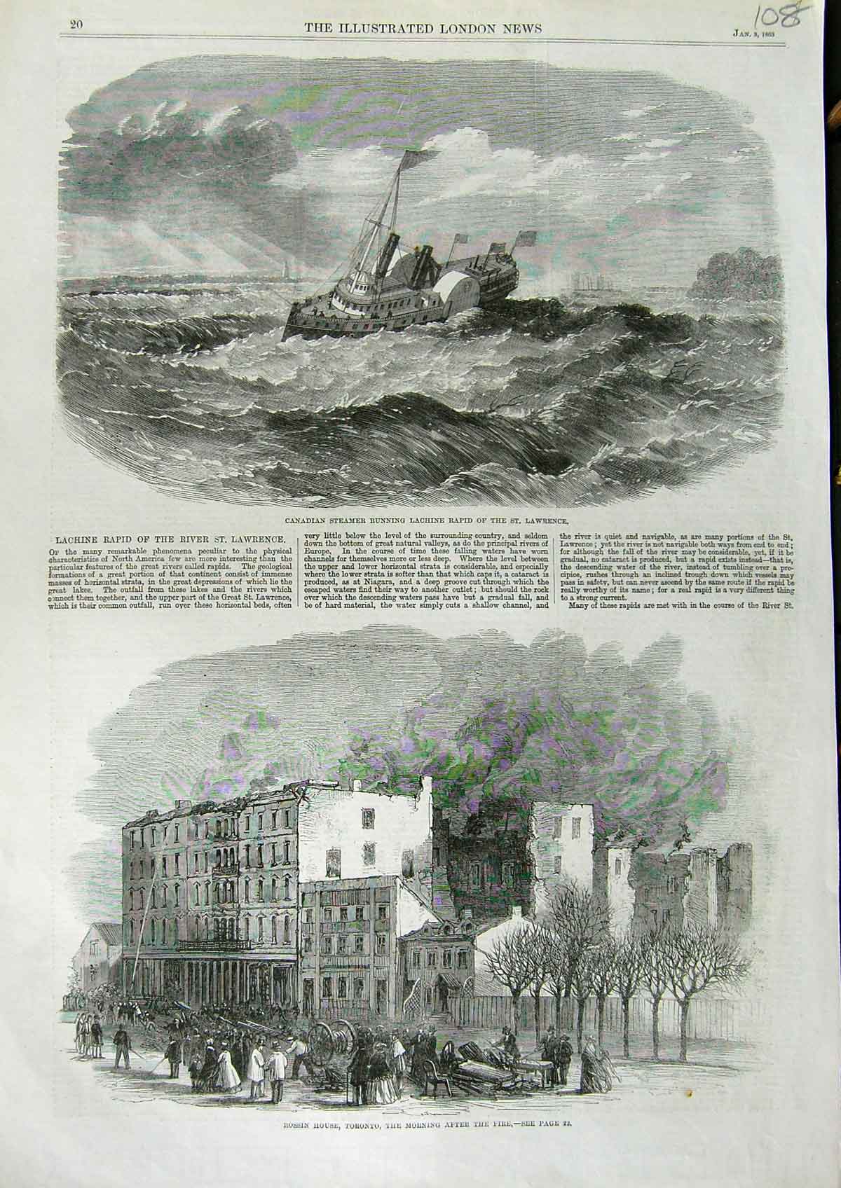 Old Antique Print 1863 Rossin House Toronto Canada Ship Rapids Lawrence 19th