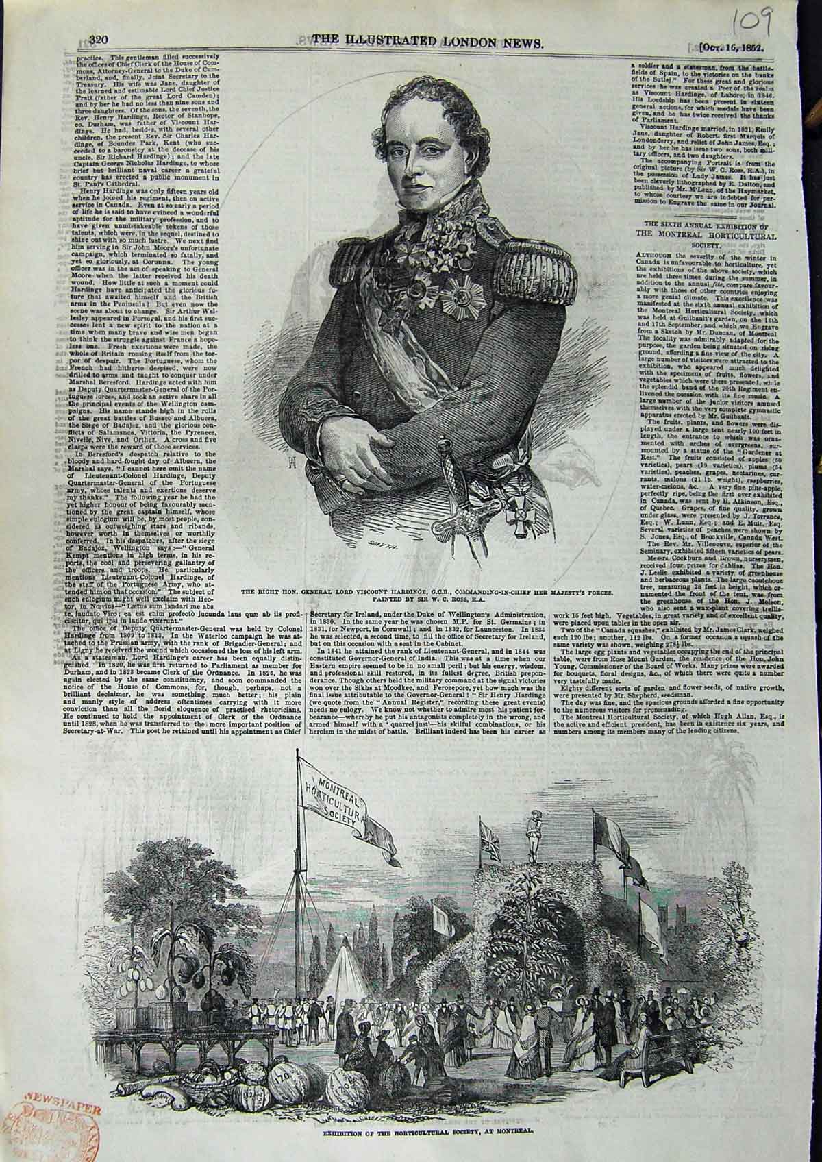 Old Antique Print 1852 General Viscount Hardinge Horticultural Montreal 19th