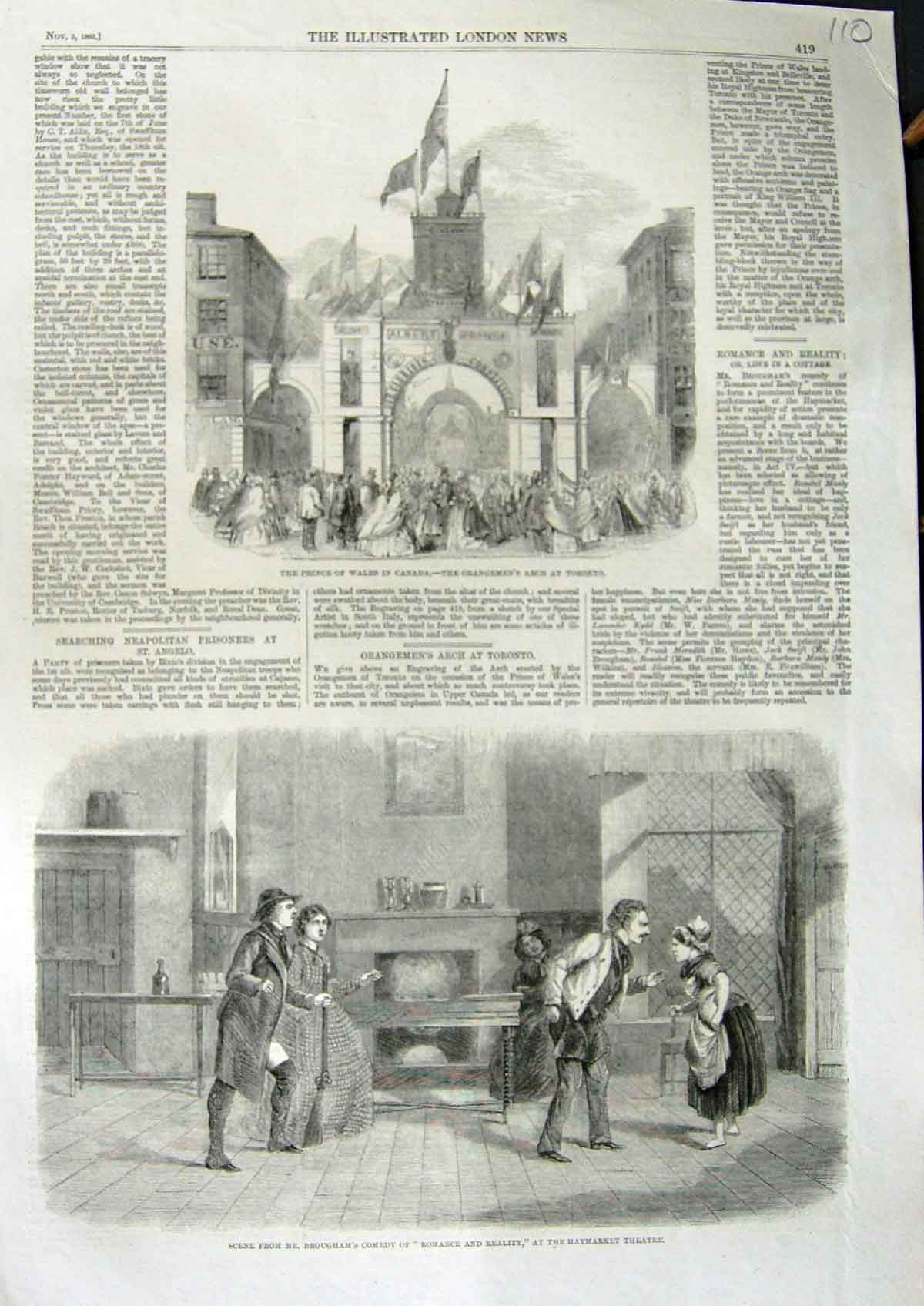 Original Old Antique Print 1860 Prince Wales Canada Orangemen Haymarket Theatre
