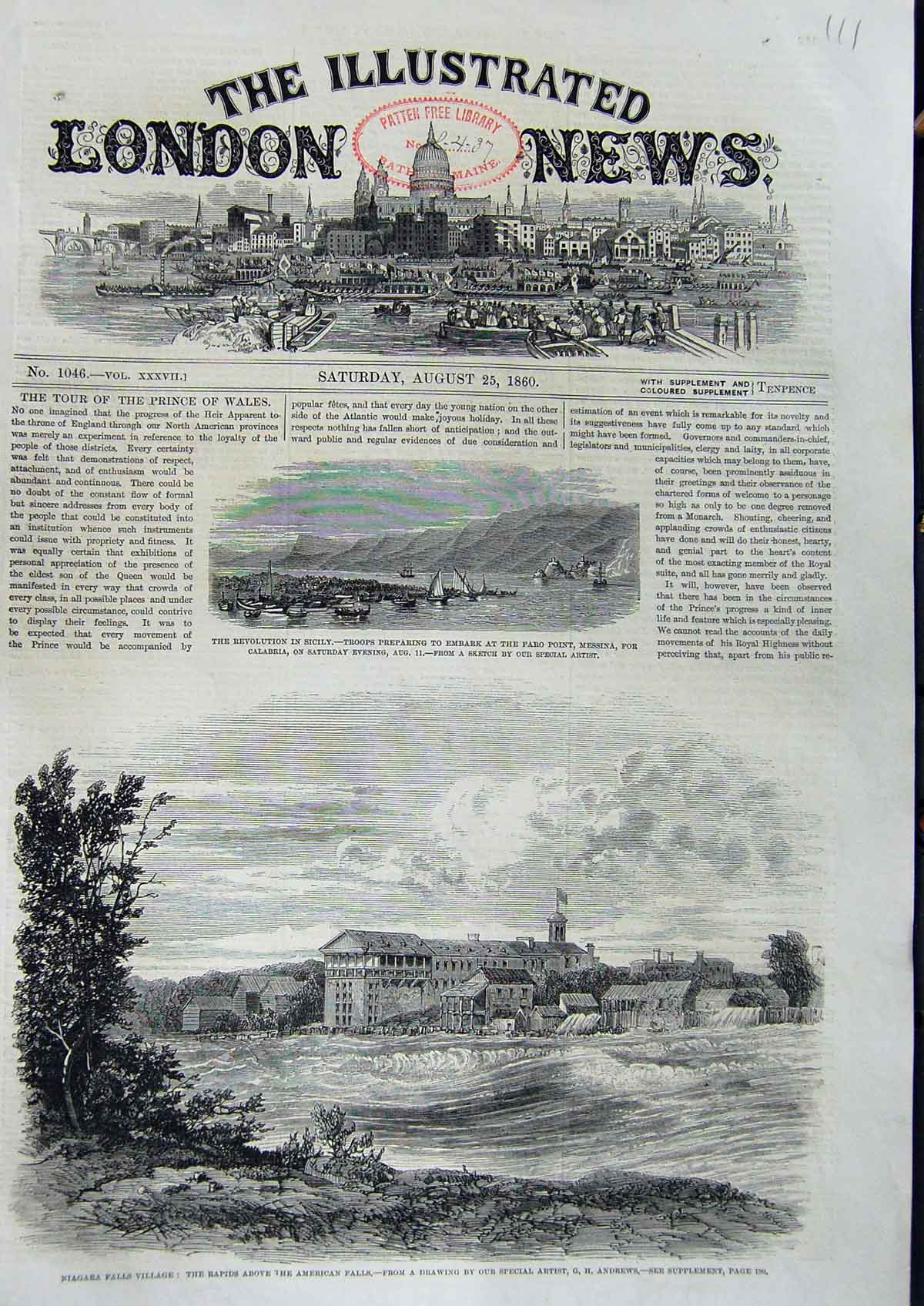 Original Old Antique Print 1860 Niagara Falls Village Rapids Sicily Troops Faro