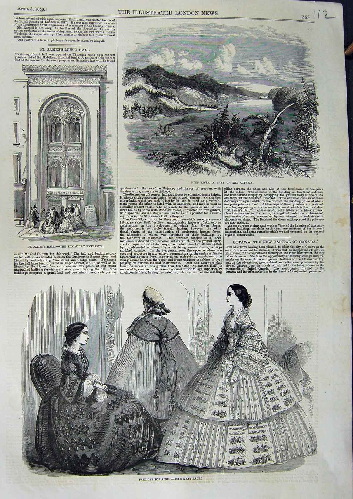 Old Antique Print 1858 Paris Fashion St. James'S Hall Deep River Ottawa 19th