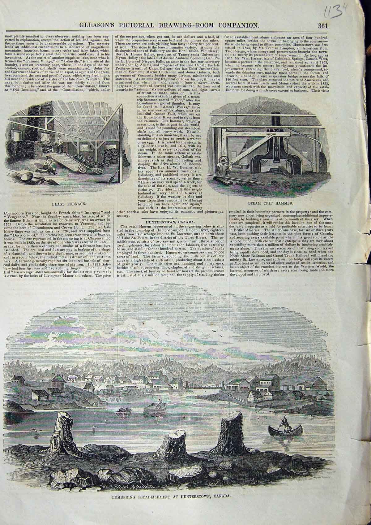 Original Old Antique Print C1850 Lumbering Canada Gleason Furnace Trip Hammer