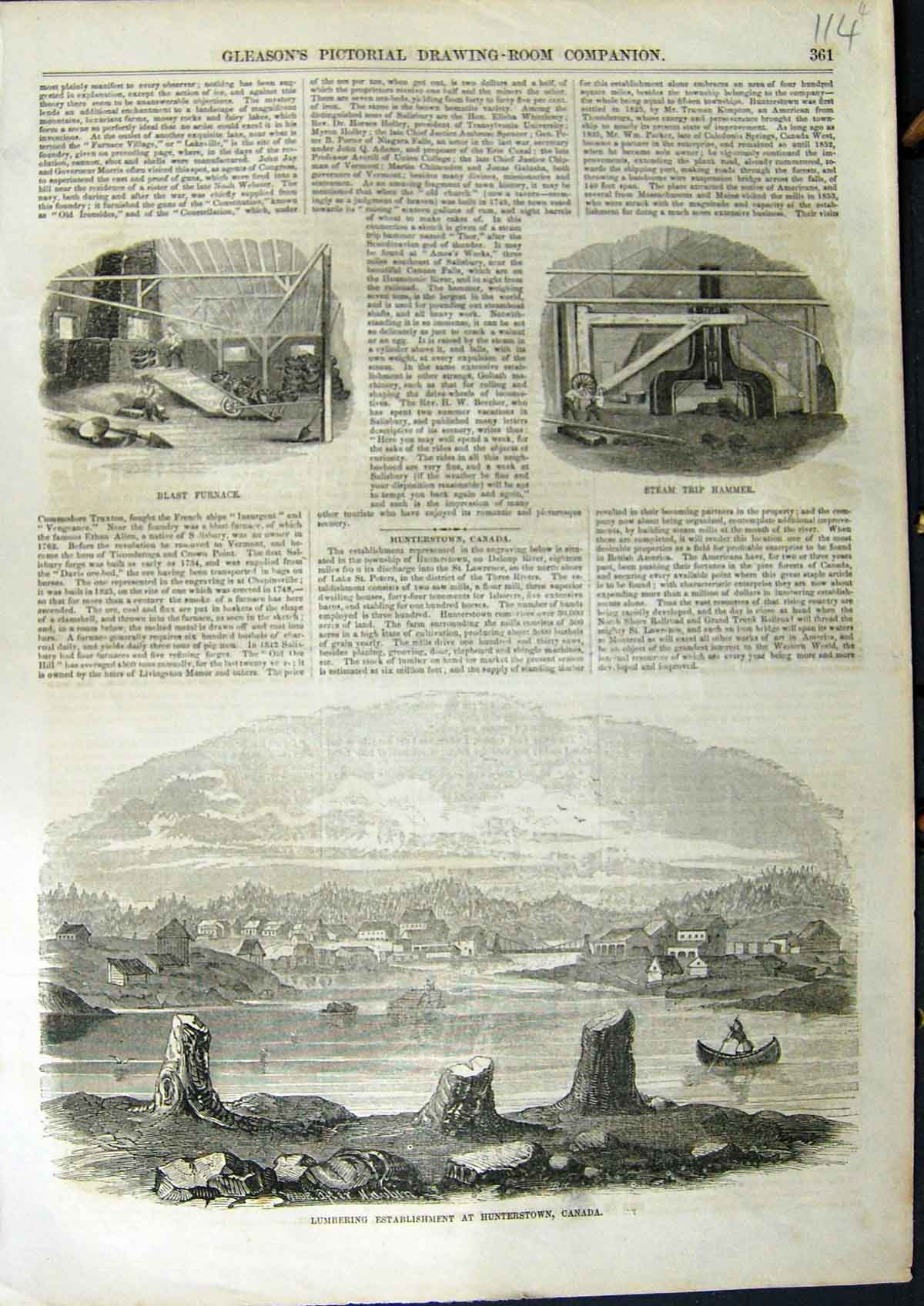 Old Antique Print C1850 Lumbering Hunterstown Canada Steam Hammer Furnace 19th