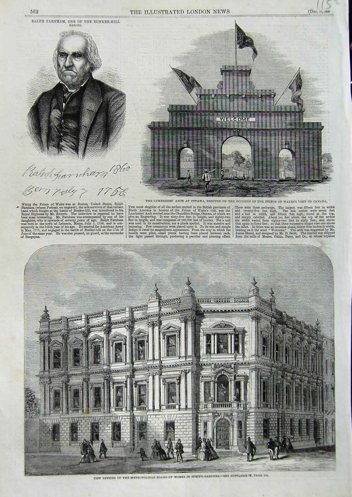 Original Old Antique Print 1860 Metropolitan Works Spring Gardens Arch Ottawa
