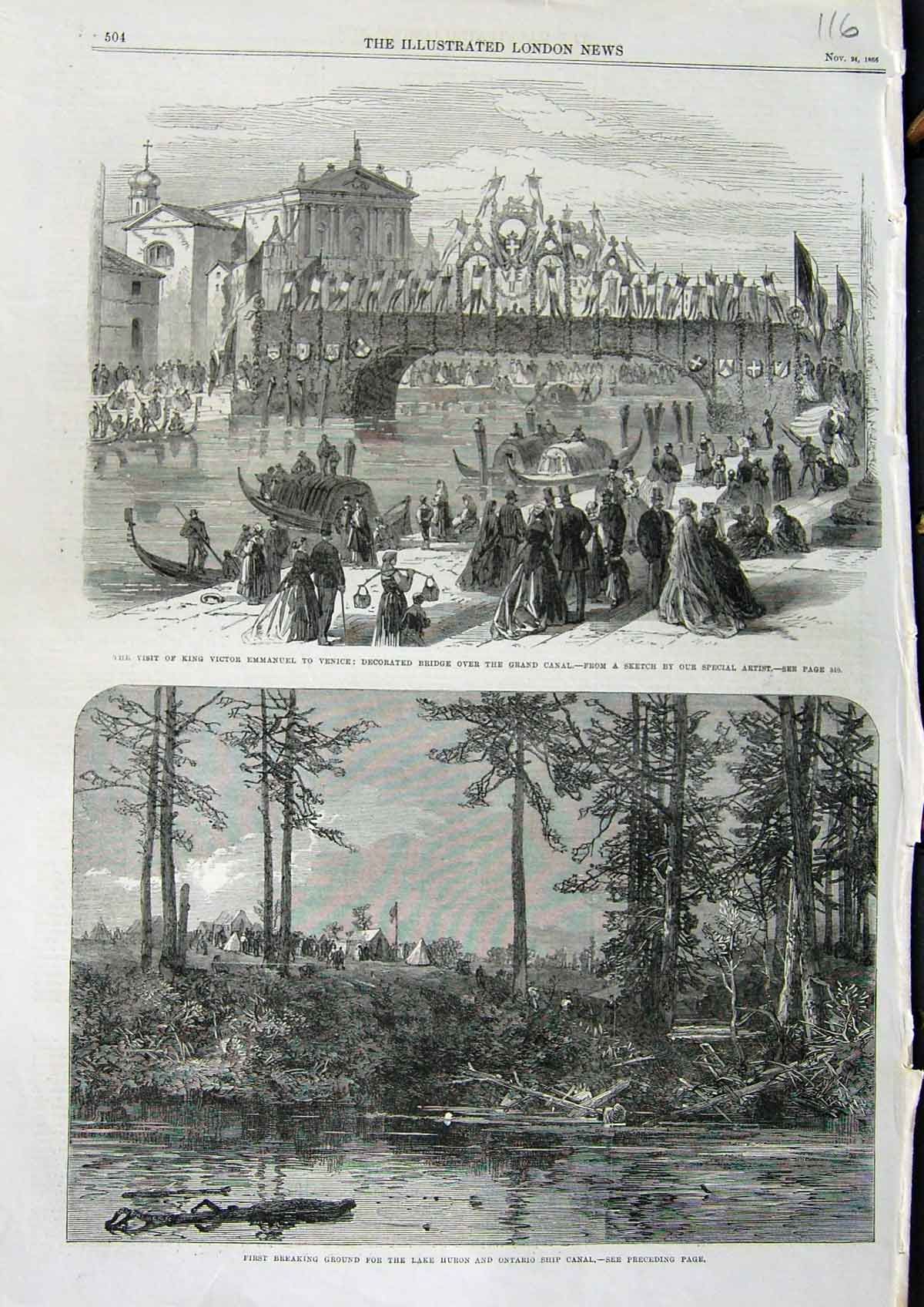 Old Antique Print 1866 King Victor Emmanuel Venice Bridge Huron Ontario 19th