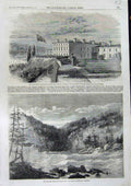 Original Old Antique Print 1860 Parliament Buildings Quebec Niagara Falls River