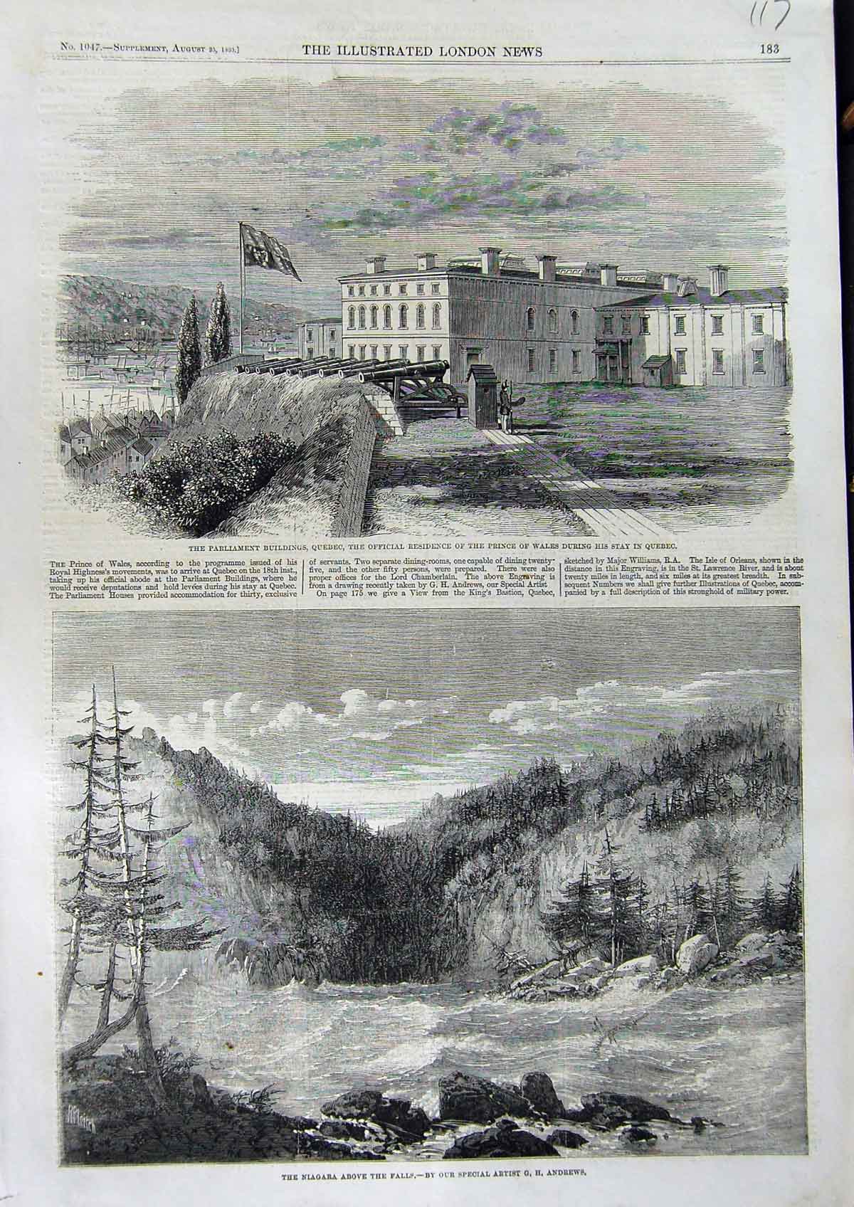 Original Old Antique Print 1860 Parliament Buildings Quebec Niagara Falls River