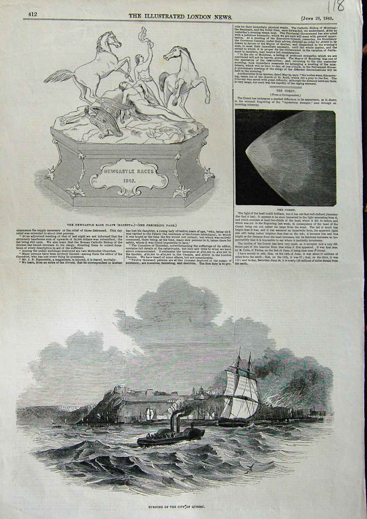 Old Antique Print 1845 Fire City Quebec Canada Comet Newcastle Race Plate 19th