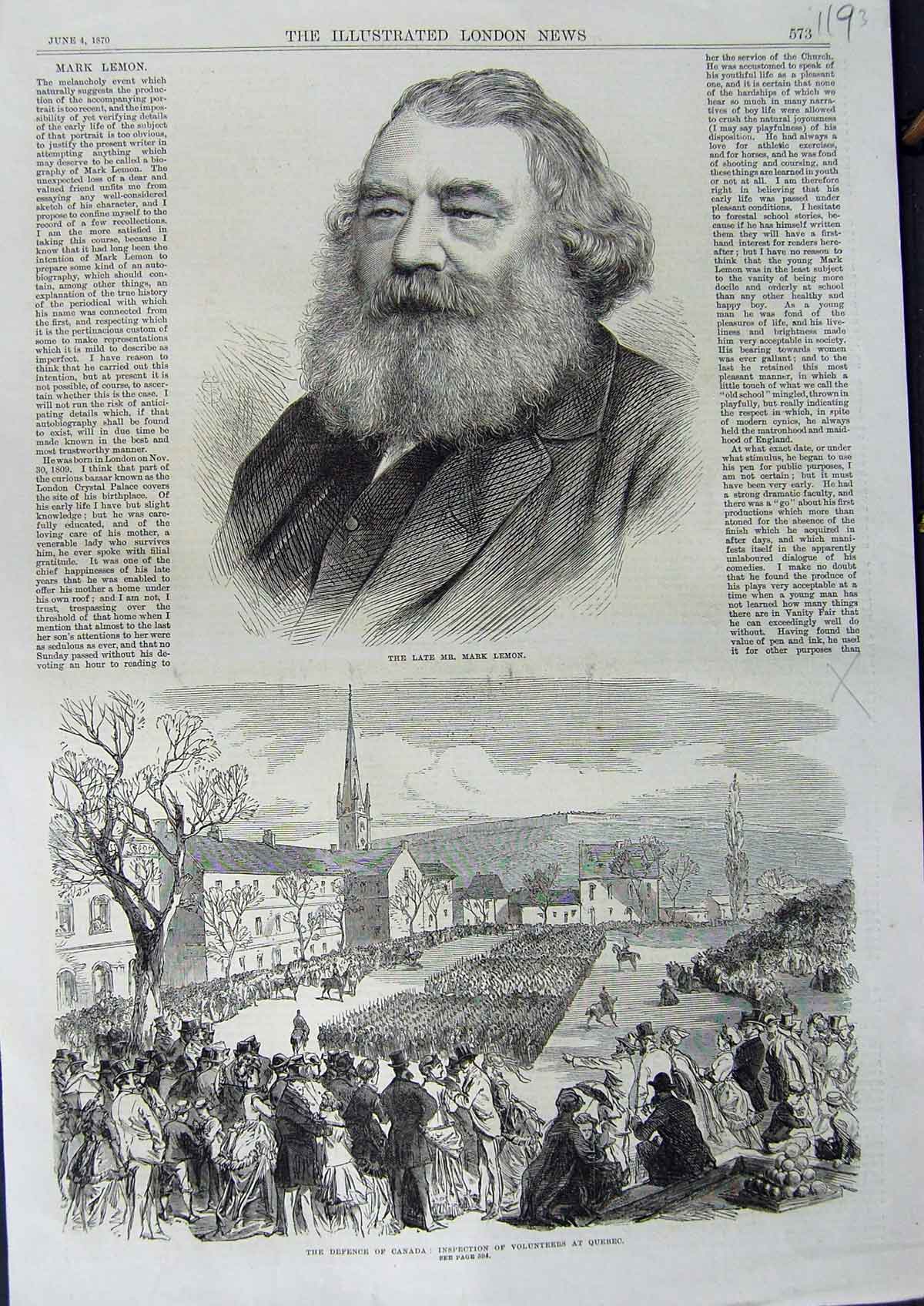 Original Old Antique Print 1870 Mark Lemon Canada Inspection Volunteers Quebec