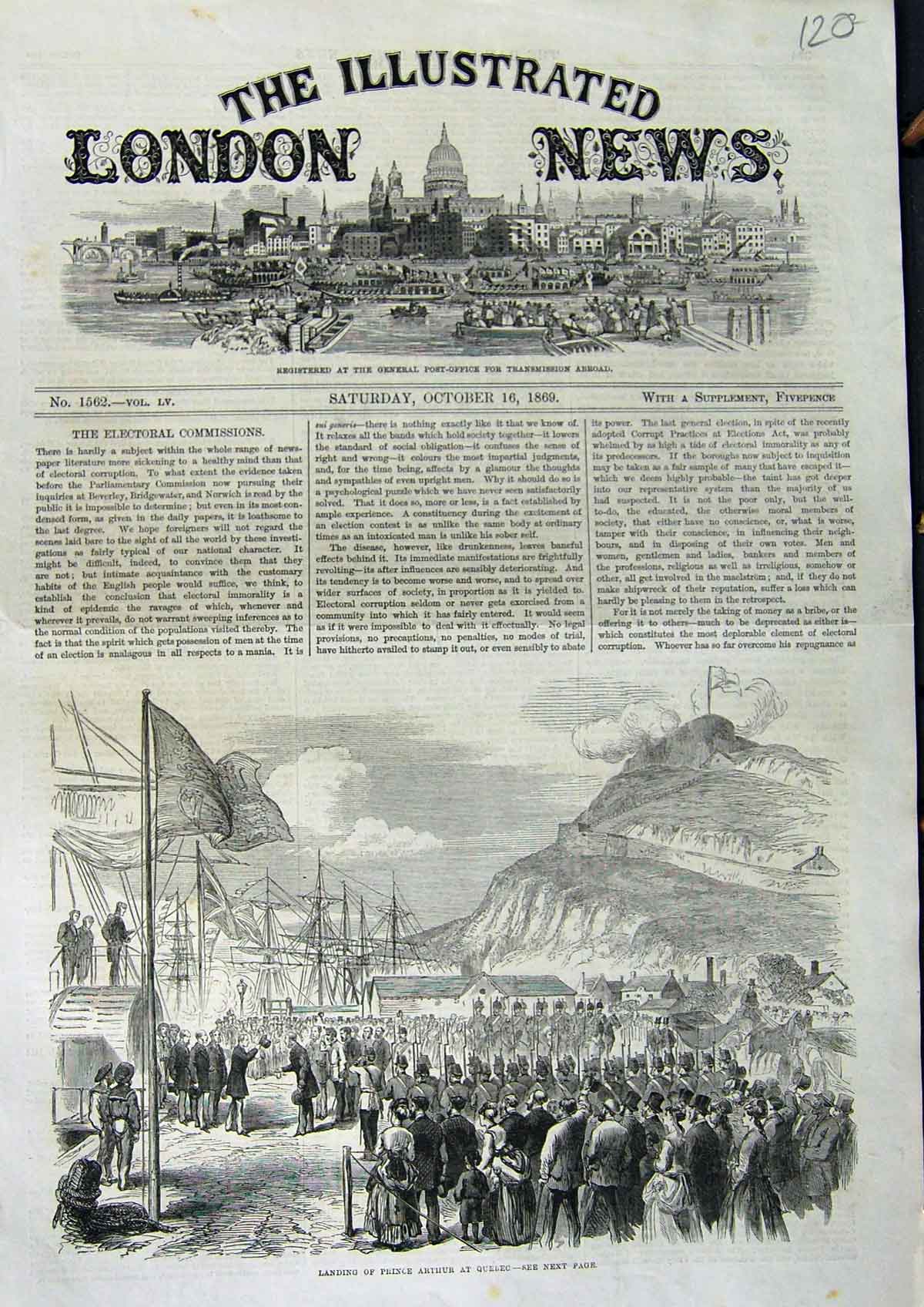 Original Old Antique Print 1869 Landing Prince Arthur Quebec Canada Ships 19th