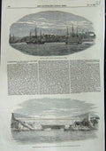 Old Antique Print 1853 Suspension Bridge River St. John City Ships Houses 19th