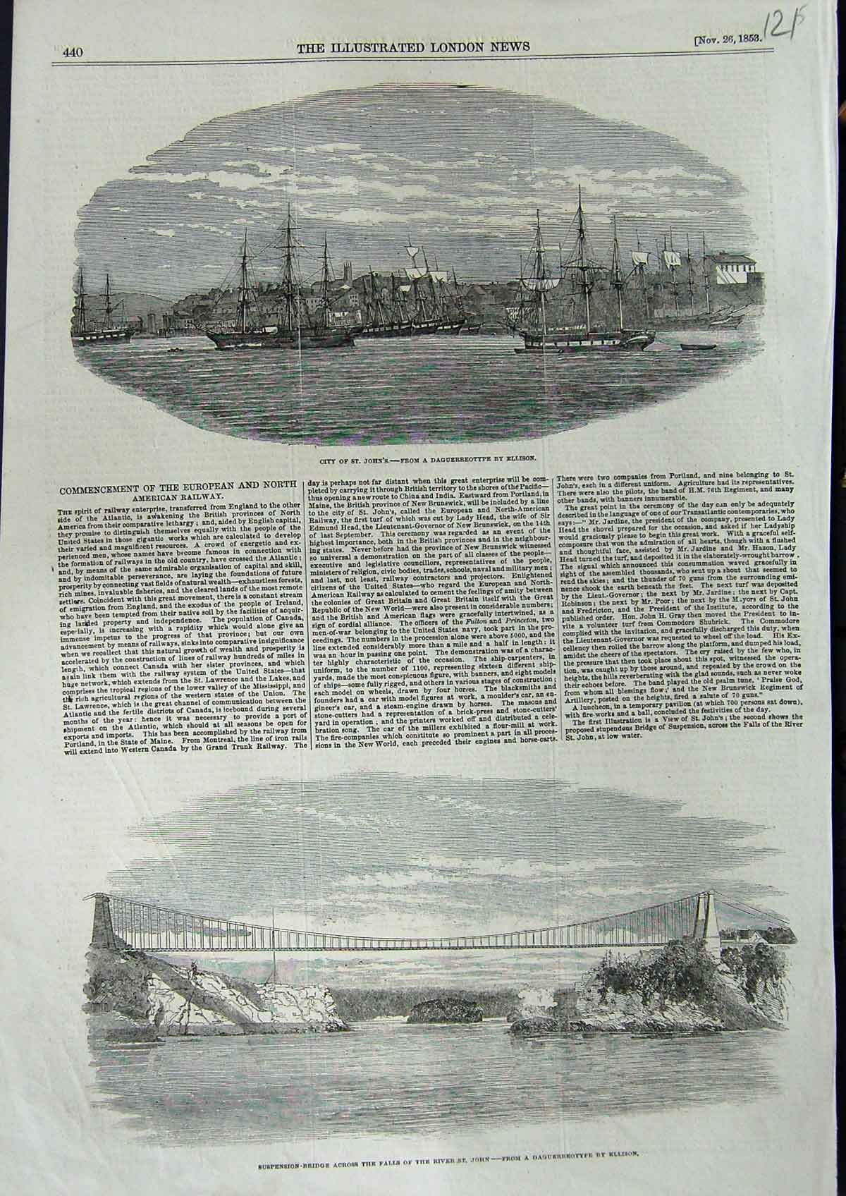 Old Antique Print 1853 Suspension Bridge River St. John City Ships Houses 19th