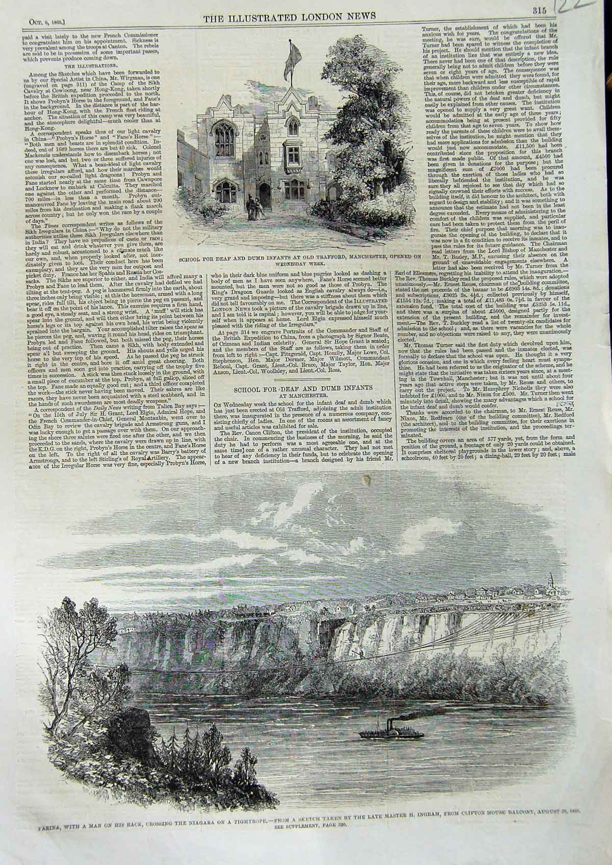 Original Old Antique Print 1869 School Deaf Manchester Farina Niagara Tightrope