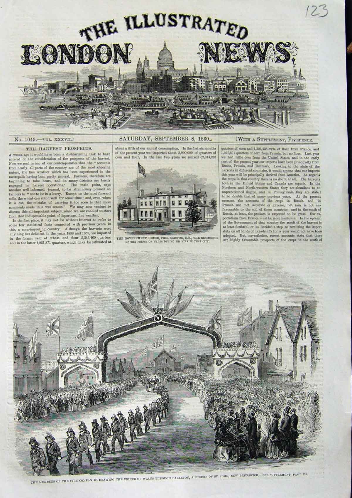 Original Old Antique Print 1860 Fire Companies Prince Wales Charleton Brunswick