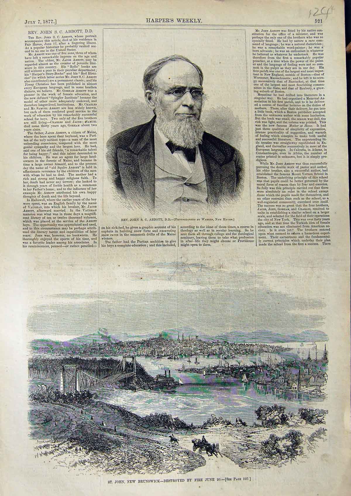 Original Old Antique Print 1877 Rev. John Abbott View St. John Brunswick Bridge